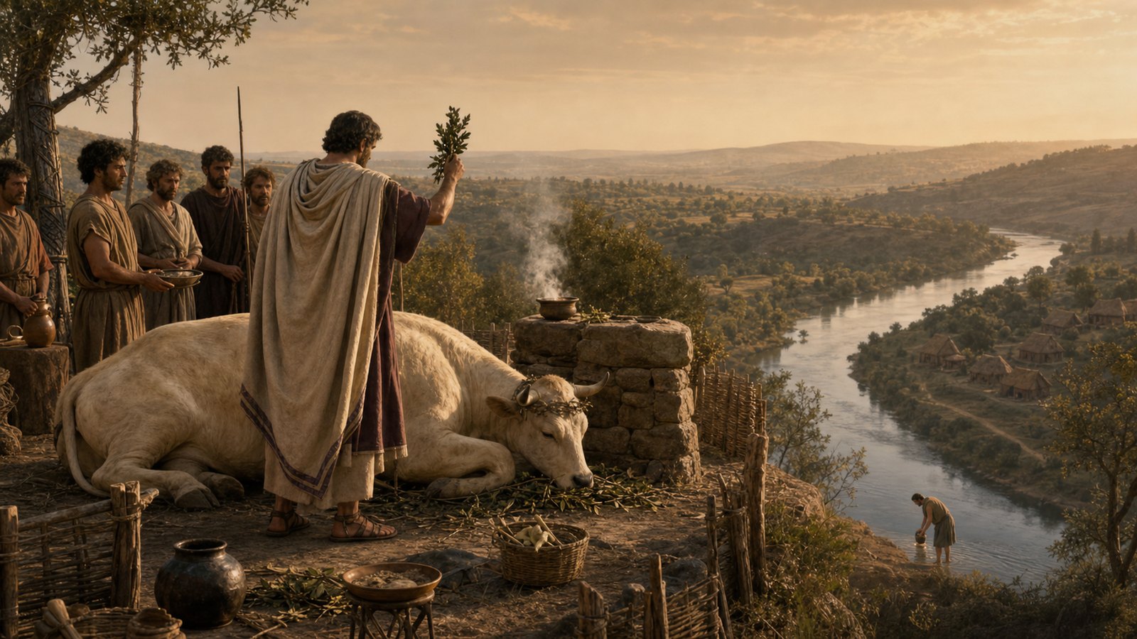 The Roman priest completes a solemn sacrifice at Diana’s open-air altar while the Sabine owner is still visible far below beside the Tiber, emphasizing distance, timing and ritual control without graphic gore.
