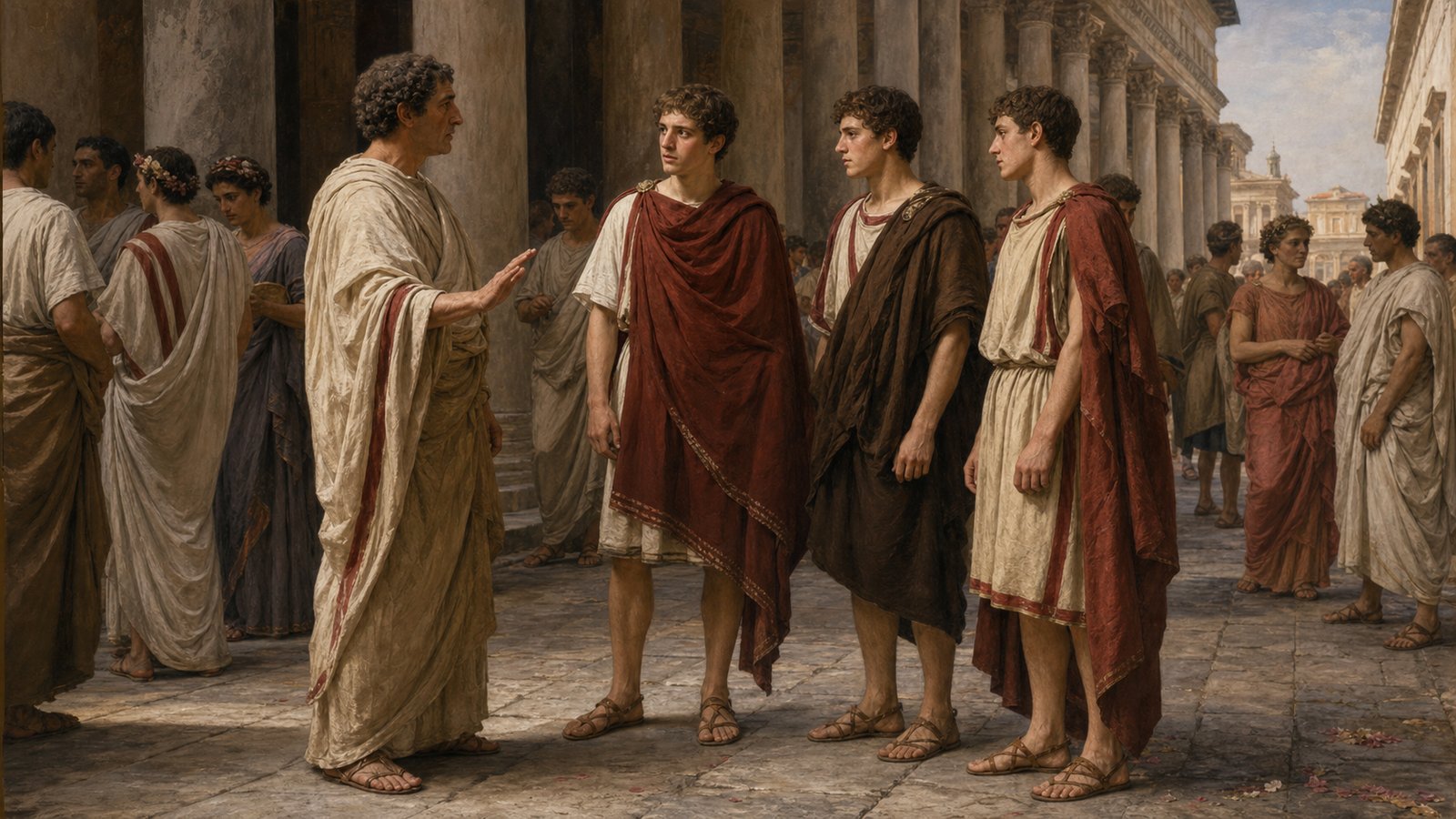 On a bright Roman public holiday, a severe middle-aged rhetoric teacher stops three young senators crossing a colonnaded street in relaxed tunics, short cloaks and open leather slippers, their senatorial status suggested by restrained purple edging, no text, exaggerated gestures, or imperial uniforms.