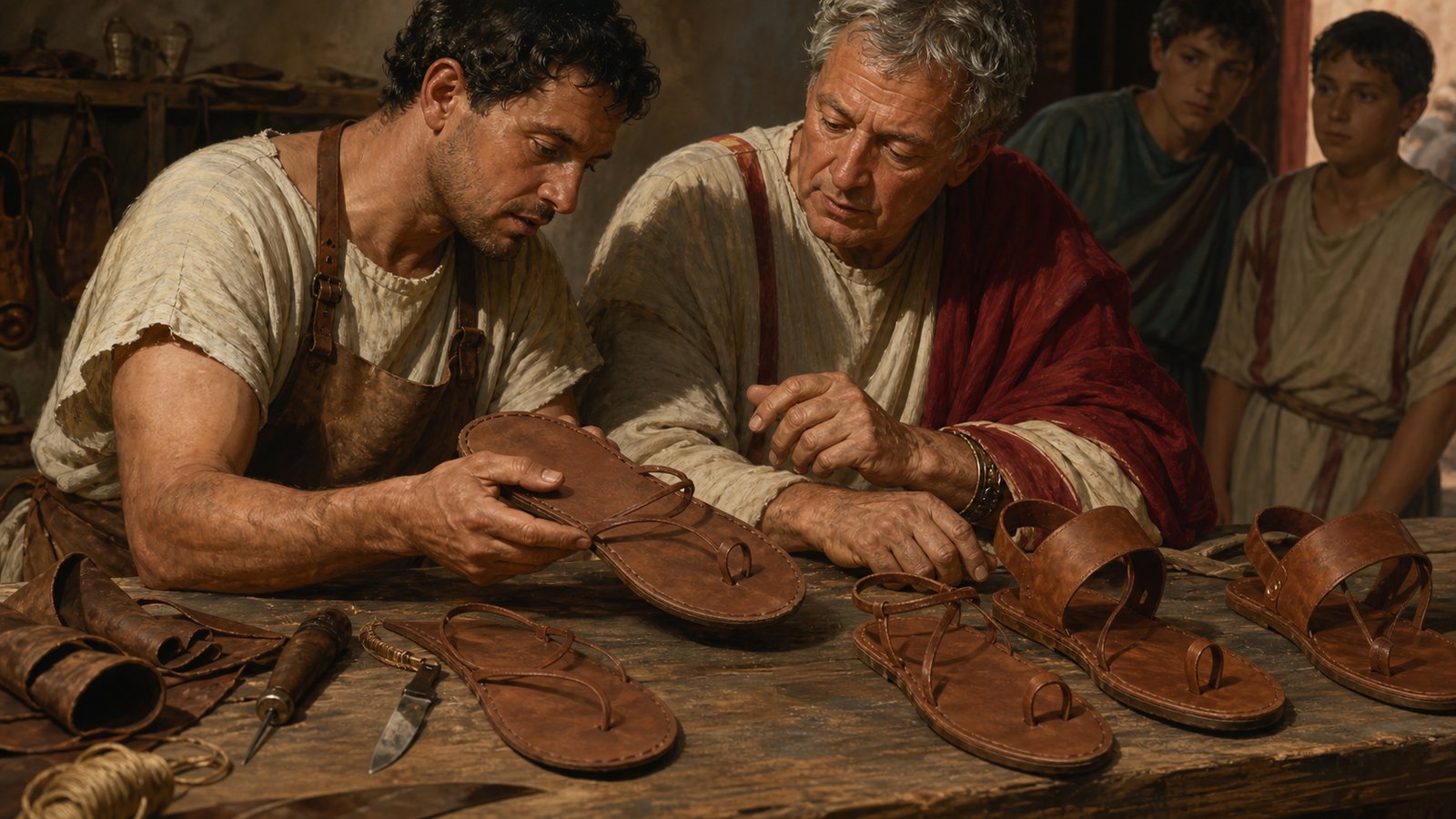 A close editorial workshop scene showing several historically plausible Roman footwear types on a cobbler’s bench—open soleae bound by thin thongs, Gallic slippers and sturdier public shoes—while a teacher points to differences for attentive pupils, no labels, writing, symbols, or modern tools.