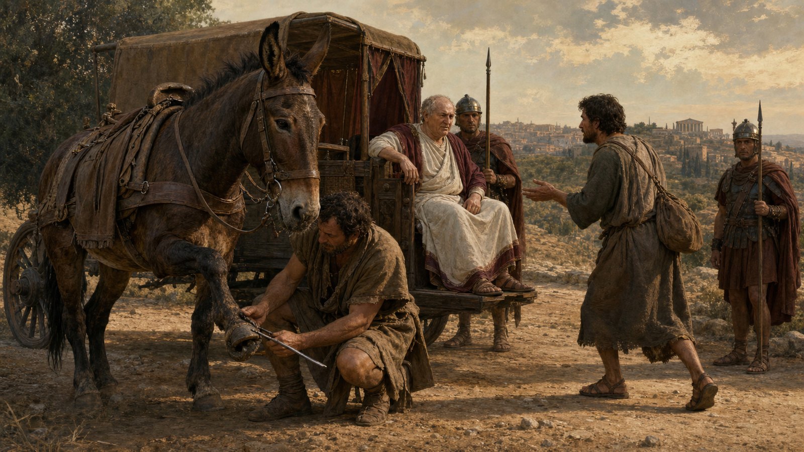 On an imperial journey, a Roman muleteer crouches beside a halted mule to fit a simple iron shoe while a plainly dressed litigant edges toward Vespasian’s carriage and guards watch the roadside.