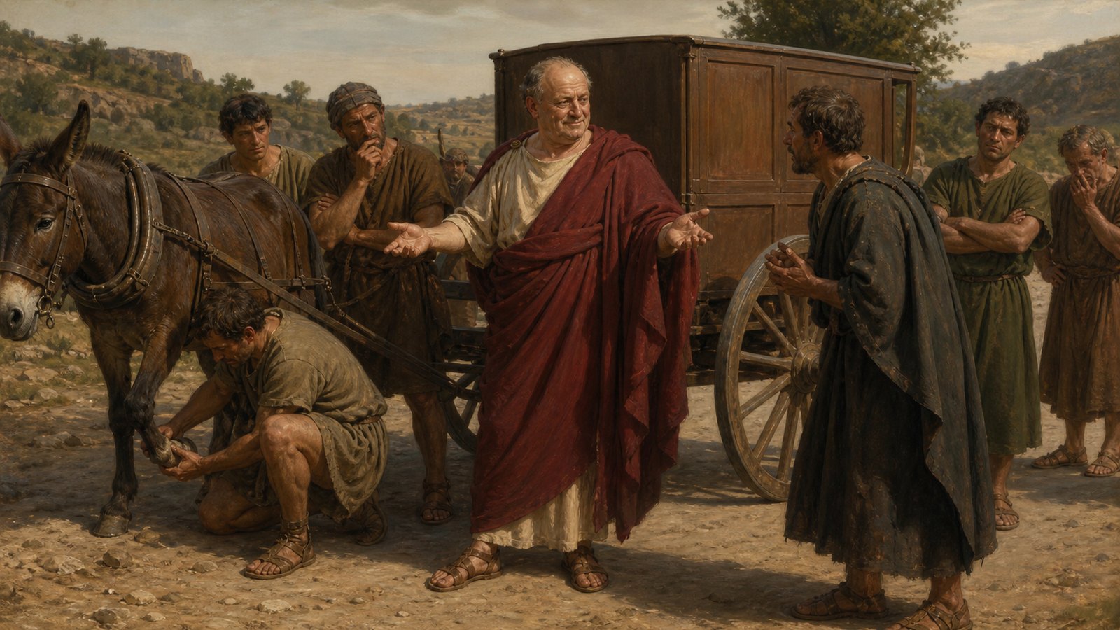 Vespasian notices the staged pause, gestures toward the muleteer and the waiting petitioner, and turns a covert payment for access into a dry public joke about taking his share.