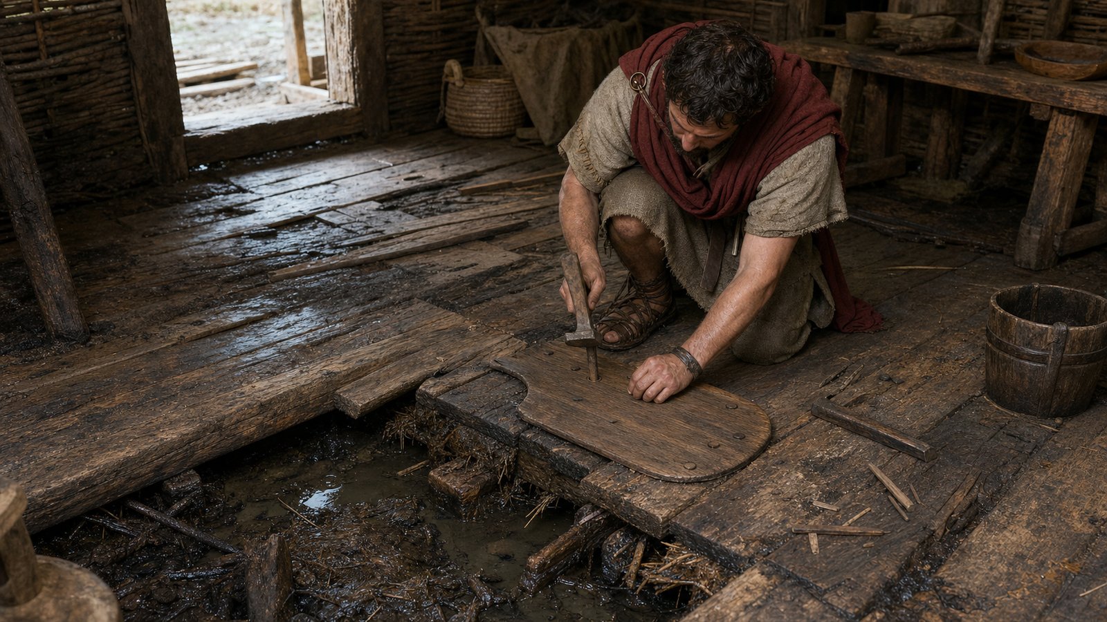 Reused over a damaged floor, the recognizable seat entered waterlogged deposits that preserved timber, leather and writing tablets at Vindolanda.