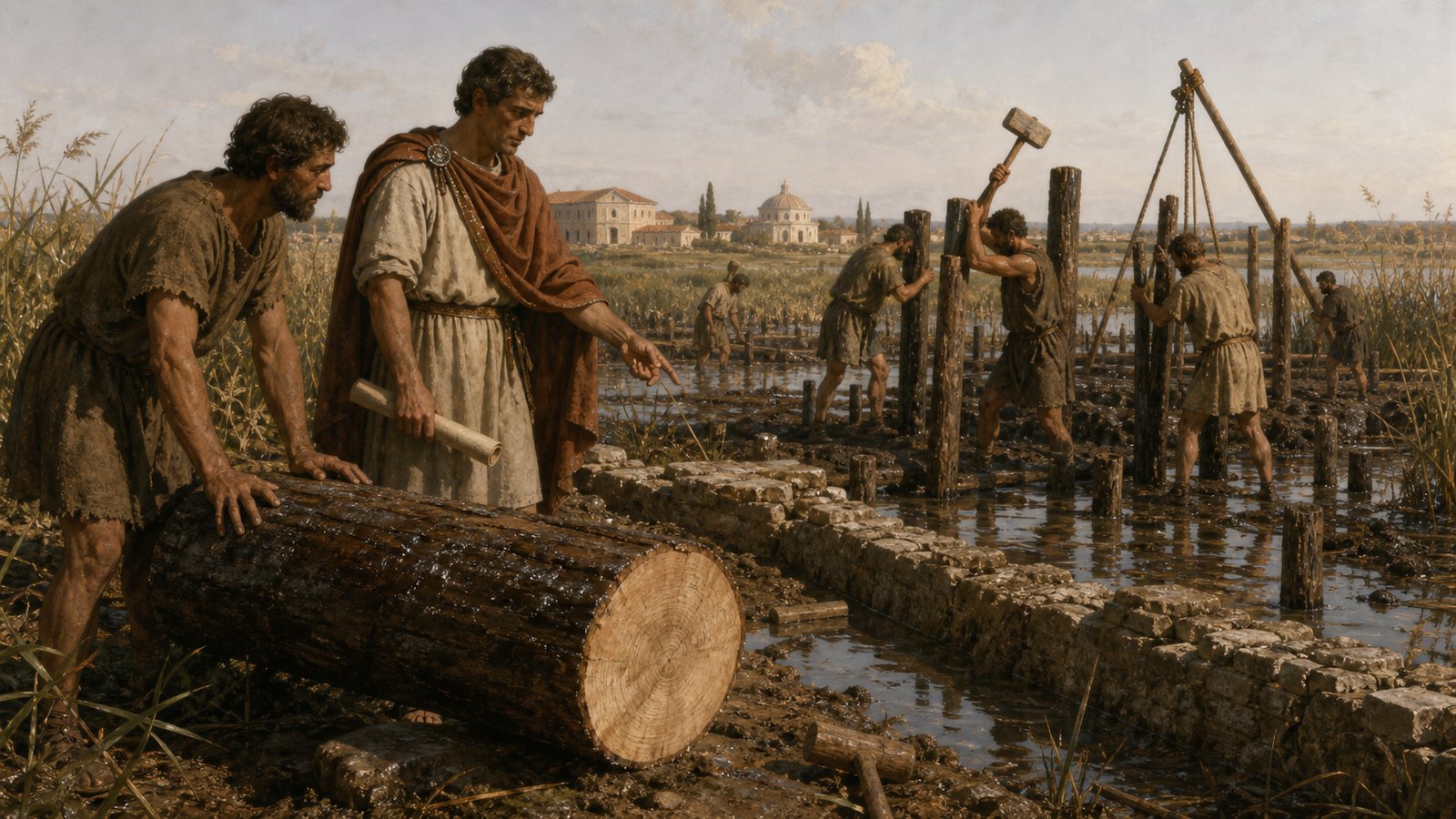 At marshy Roman Ravenna, foundation crews drive plain alder trunks close together into saturated ground while a surveyor checks the dense pile grid beneath a future masonry building.