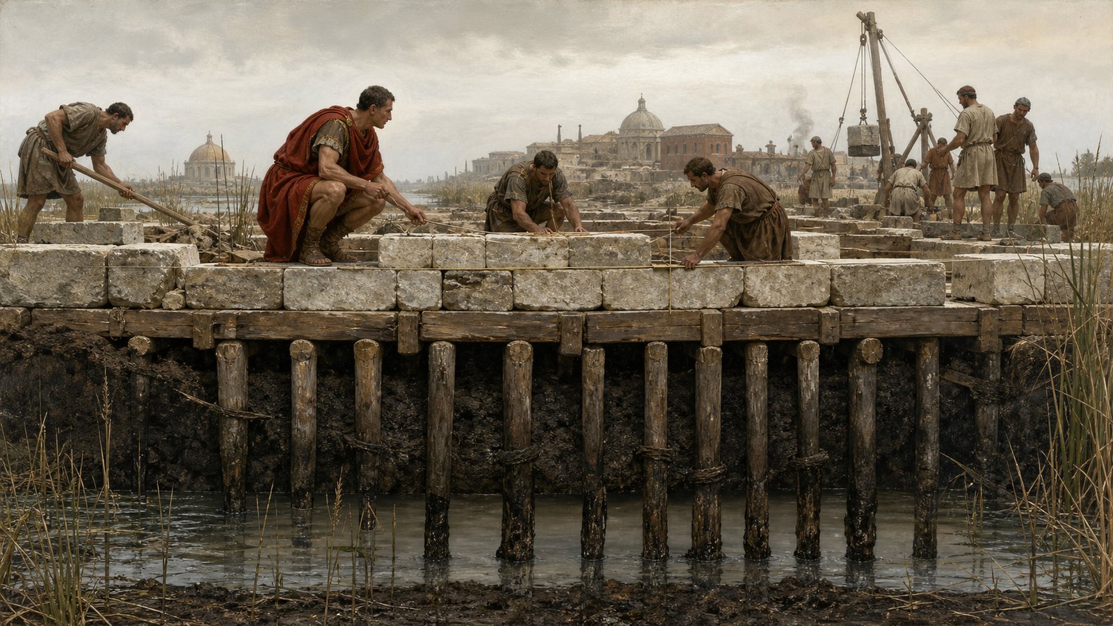 A cutaway construction scene reveals finished brick and stone walls resting on tightly packed alder piles below the waterline, with dark wet timber preserved in mud beneath the city.