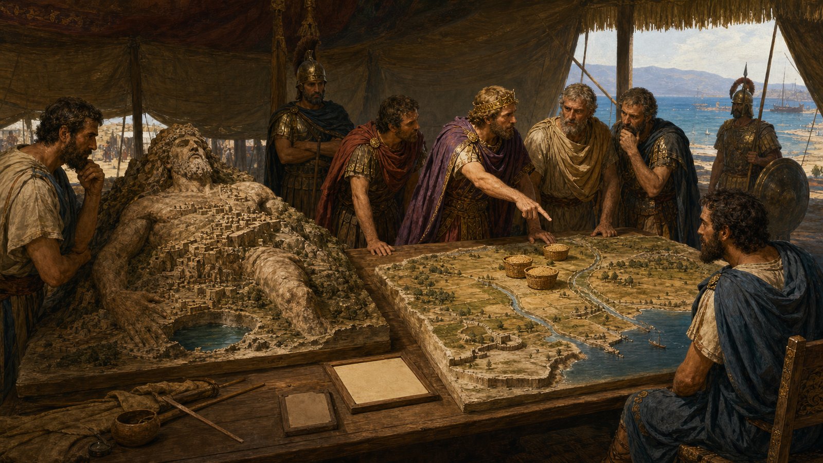 Dinocrates, dressed as Heracles, presents Alexander with a clay relief showing Mount Athos shaped as a colossal seated man holding a city and a water basin.