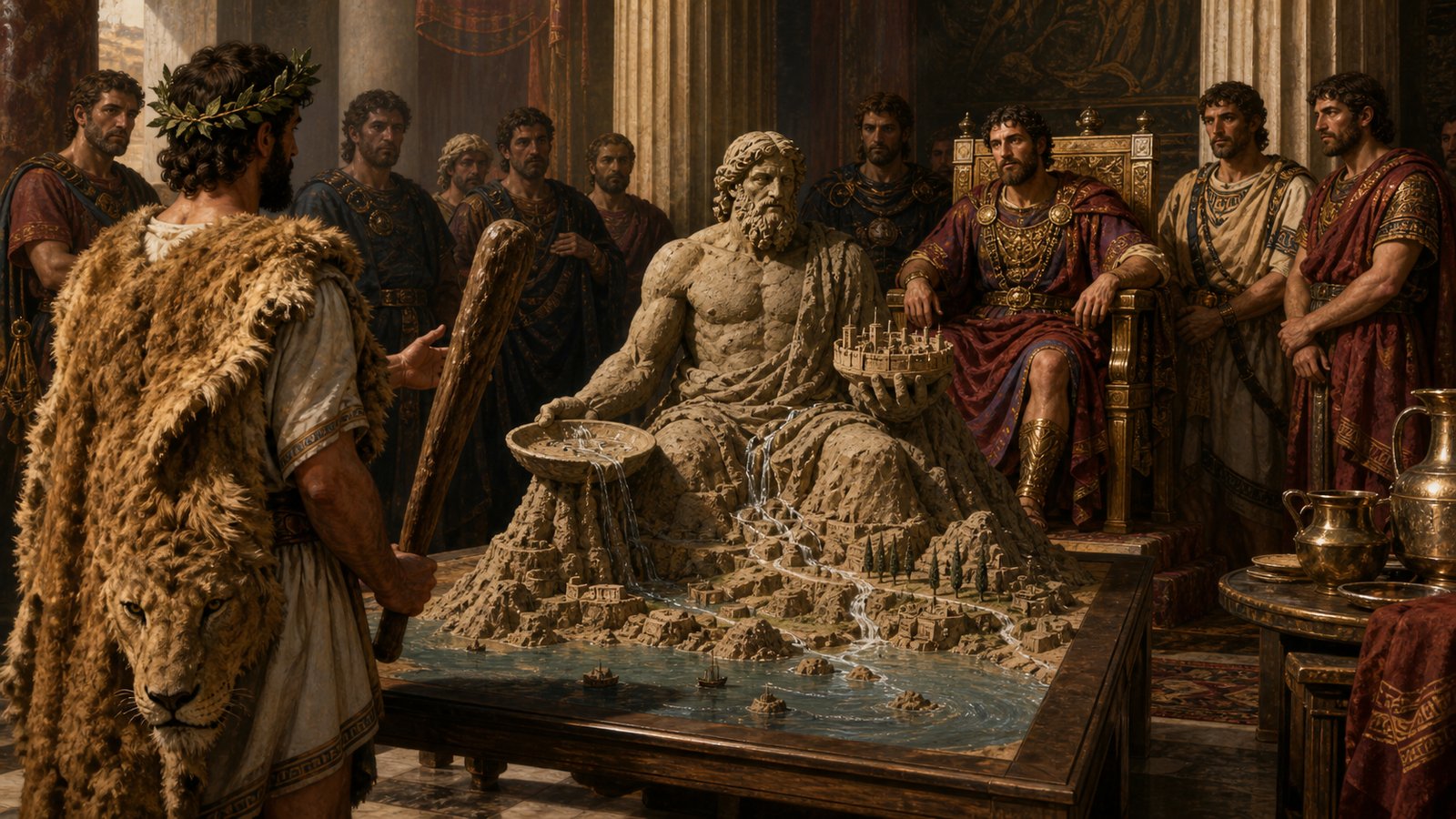 Alexander studies grain baskets, river channels, coastal approaches, and a plain-site model while the spectacular mountain scheme stands rejected behind him.
