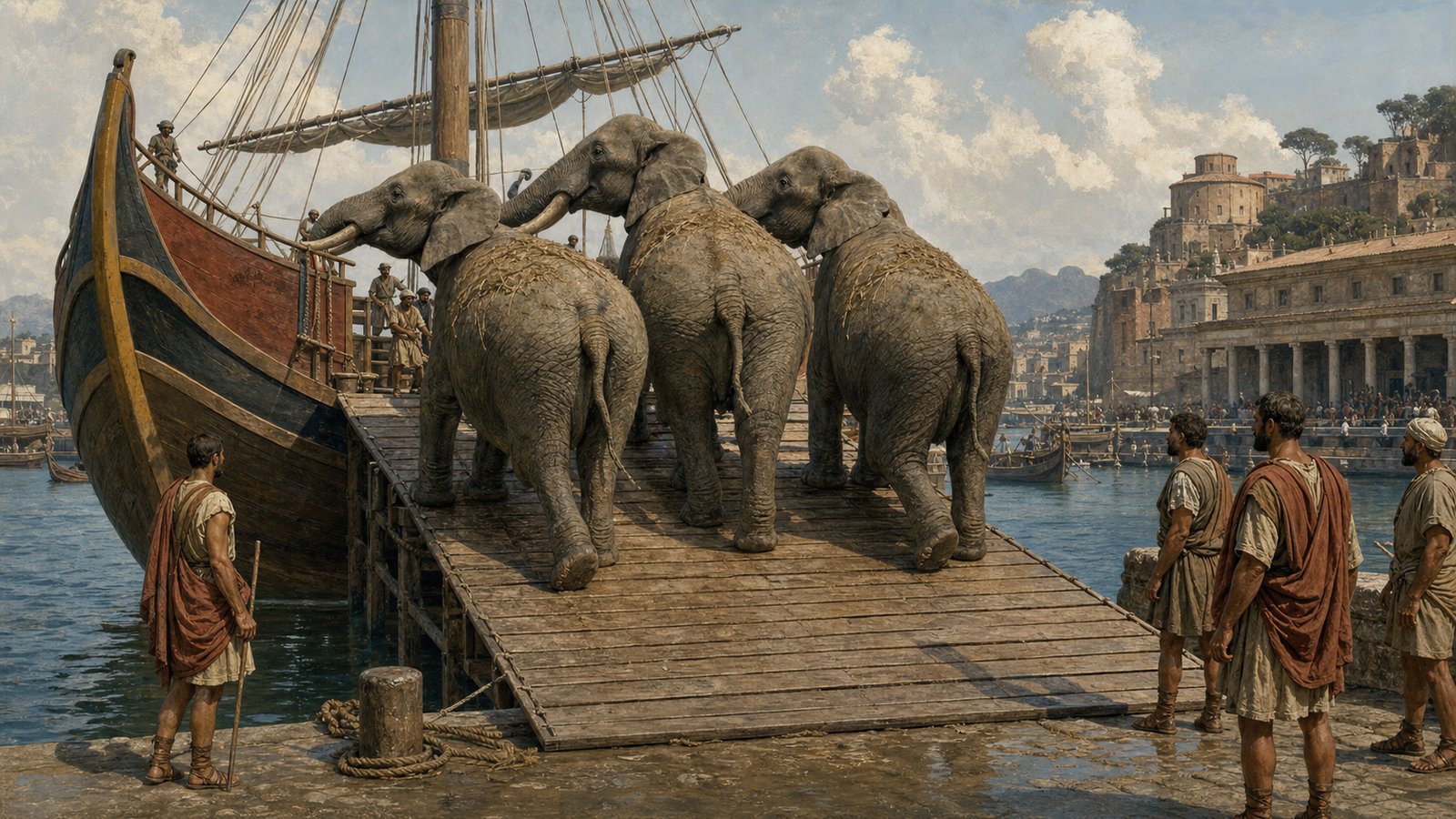 In a Roman training ground, a generic African elephant carefully guides a stylus across a blank wax tablet held on a low stand while a trainer and skeptical observers watch, with no visible or legible marks.