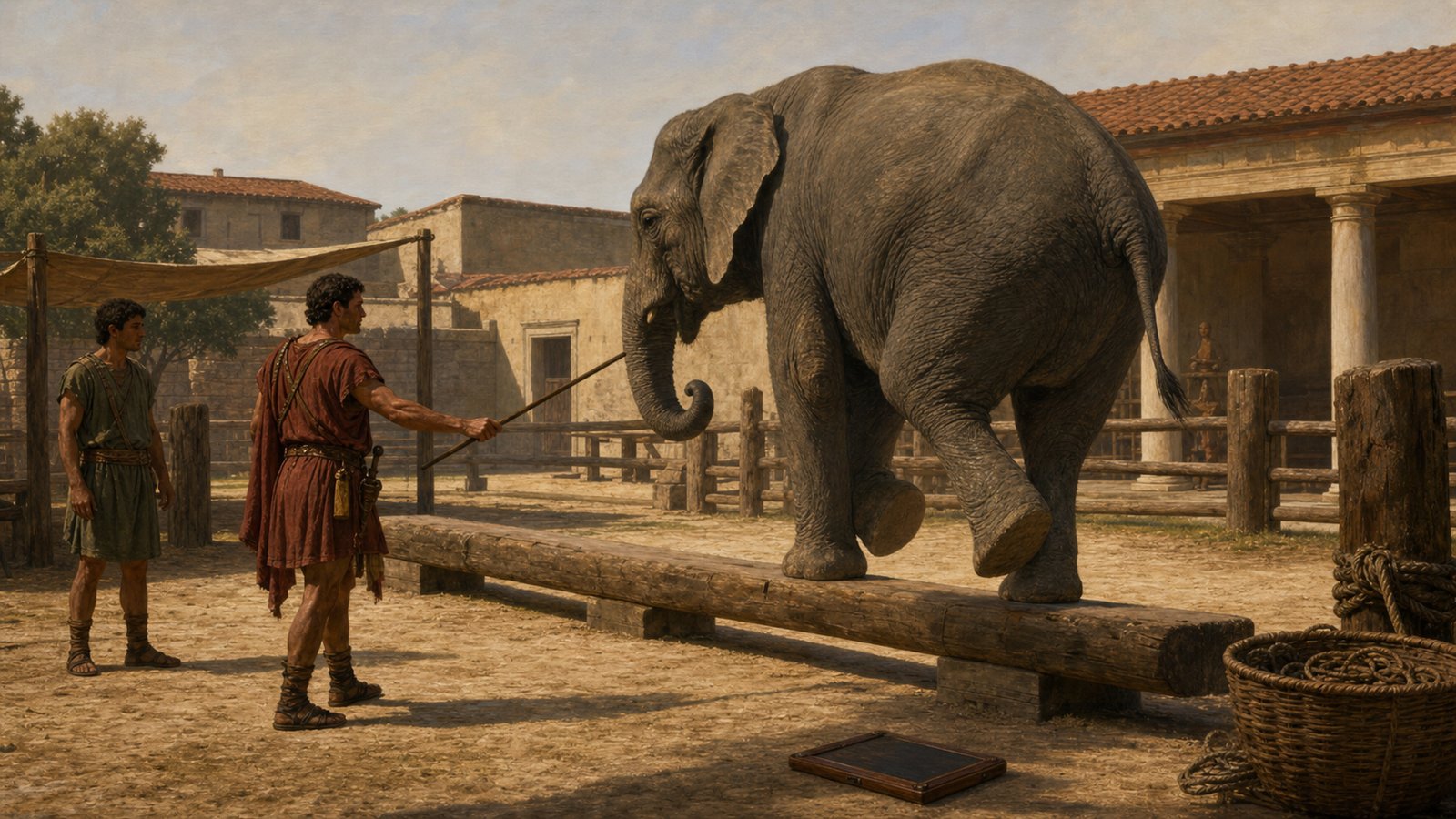 At ancient Puteoli harbour, several elephants descend backward along a broad timber landing platform from a transport ship while handlers wait on shore, emphasizing controlled movement rather than danger.