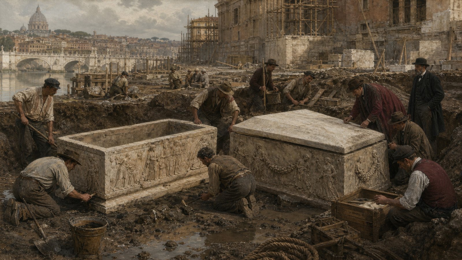 The sealed sarcophagi found during the 1889 Palace of Justice works preserved names, family association and a closed group of grave goods.