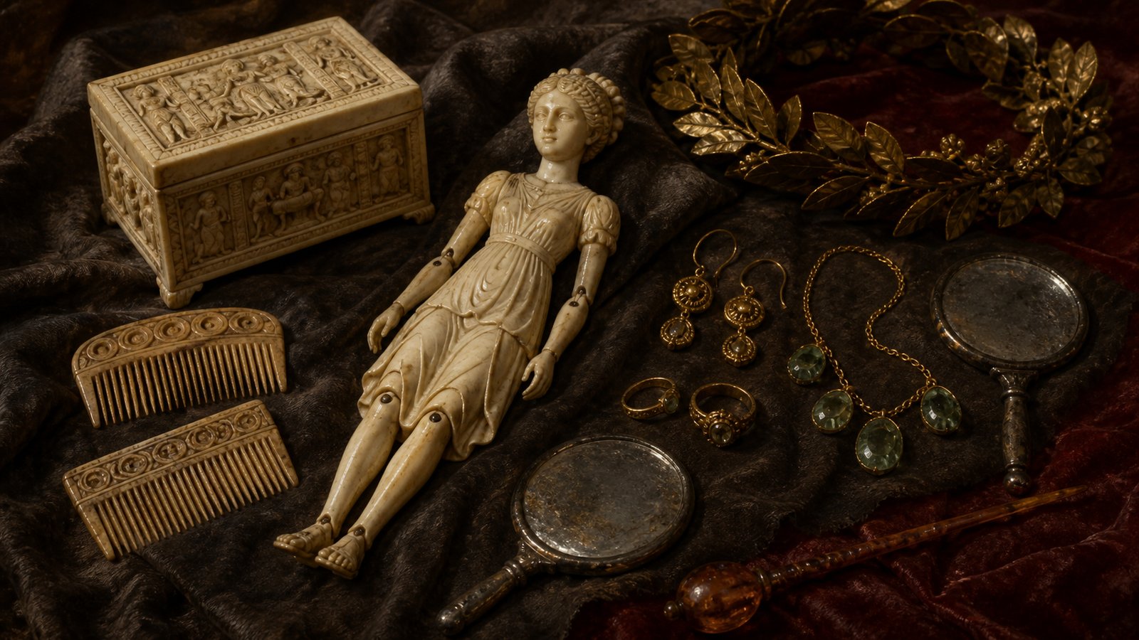 Crepereia Tryphaena’s articulated ivory doll belonged to a miniature kit that included a casket, combs and mirrors, beside her own jewelry and amber distaff.