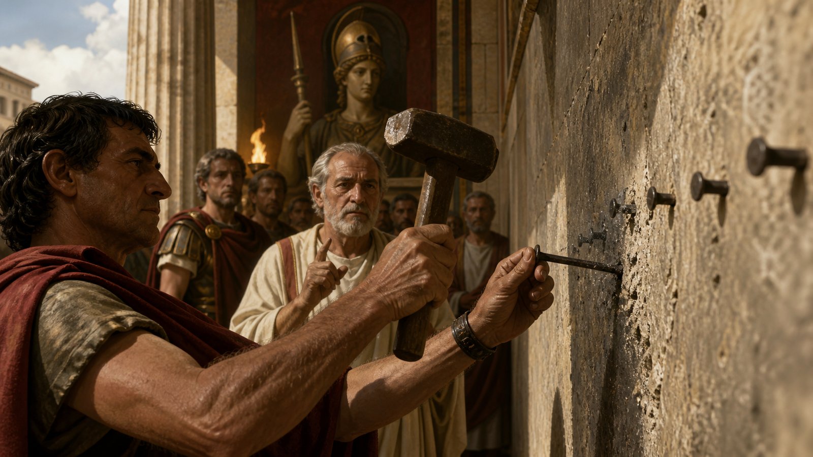 On the Ides of September, an early Roman magistrate drives a single iron nail beside Minerva’s chapel inside the temple of Jupiter Optimus Maximus while priests count older marks.