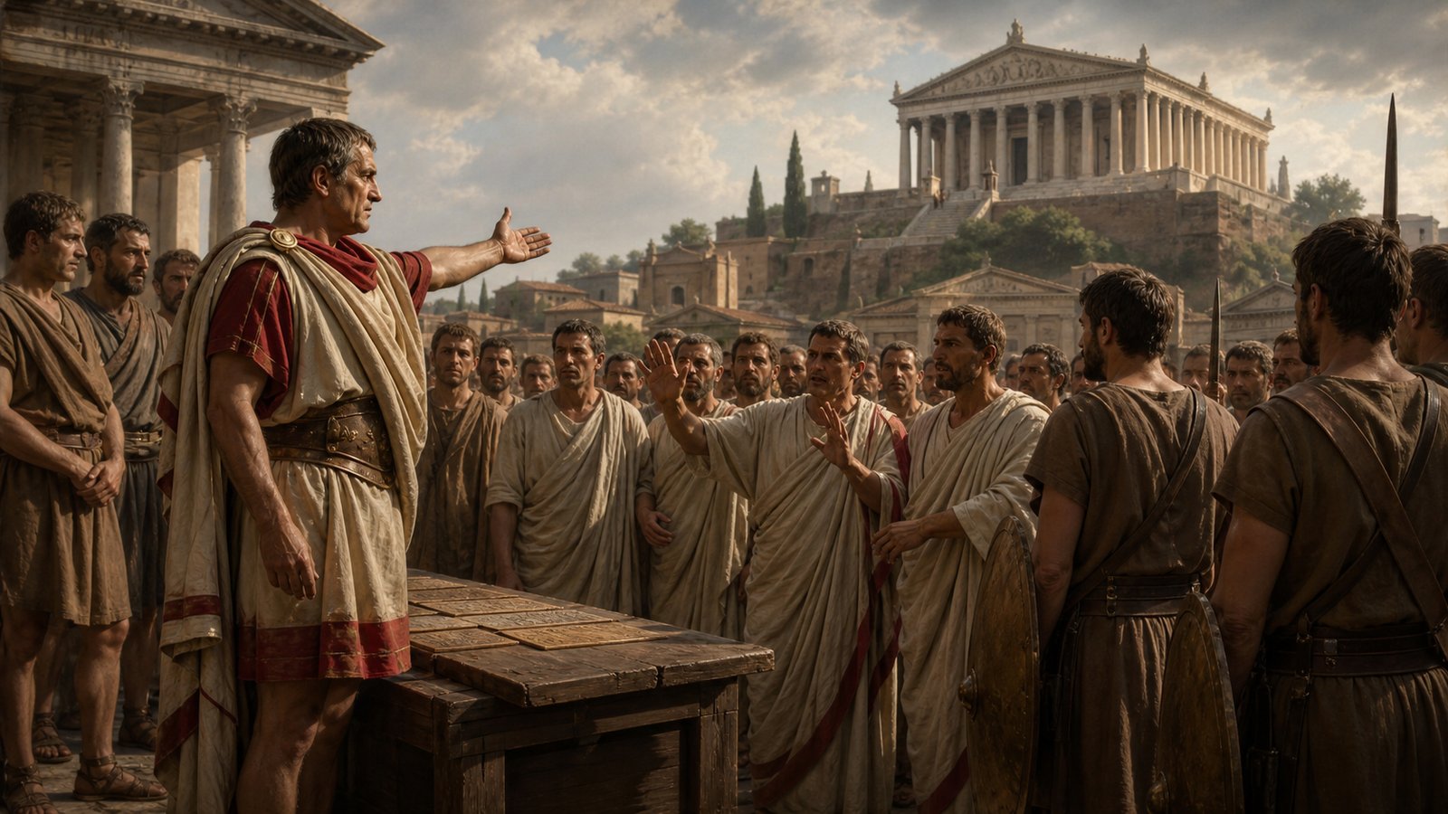 Lucius Manlius Imperiosus orders a harsh military levy after completing the nail rite, as plebeian tribunes confront him before assembled citizens.