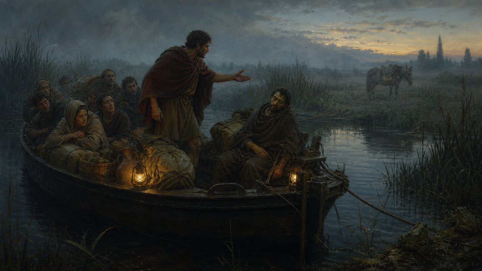 Horace’s night boat stalls in the Pomptine marshes after the tow-mule wanders to graze, leaving travellers among reeds, insects and fading lamplight.