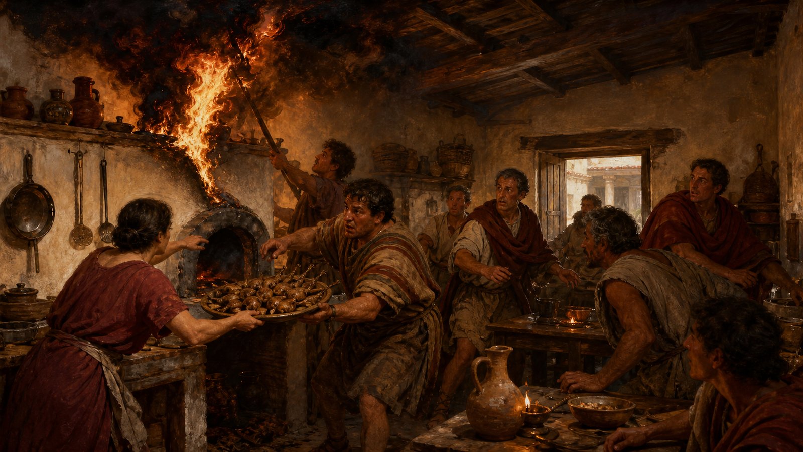 At Beneventum, travellers and servants scramble to save supper as an innkeeper’s smoky stove sends flames into the old kitchen roof.