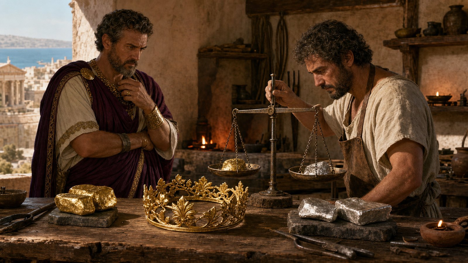 In a Hellenistic Syracuse bath chamber, Archimedes watches water spill over the brim of a filled stone bathing vessel into a shallow catch basin, his expression focused on the measurable overflow rather than theatrical celebration, no text or modern glassware.