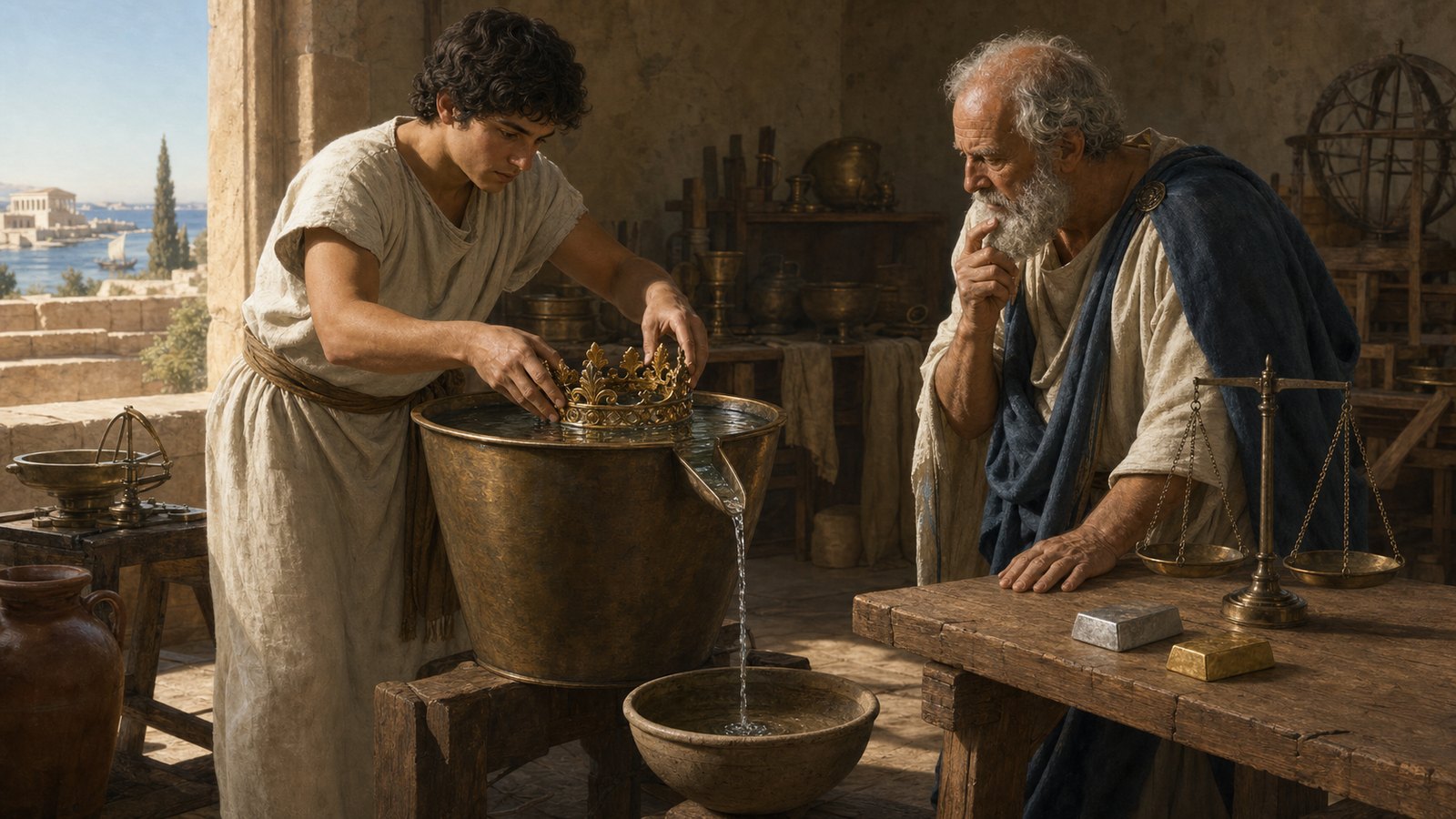 On a workshop bench, equal-weight plain masses of gold and silver and an ornate but text-free votive crown are immersed one at a time in identical brim-full bronze vessels while assistants collect and measure the displaced water.