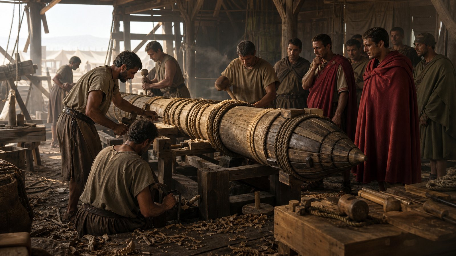 At Mylatta, an allied engineer points out the smaller of two ship masts while Roman messengers hold Crassus’s order; timber, rope and transport gear make the practical choice visible without depicting the later punishment.