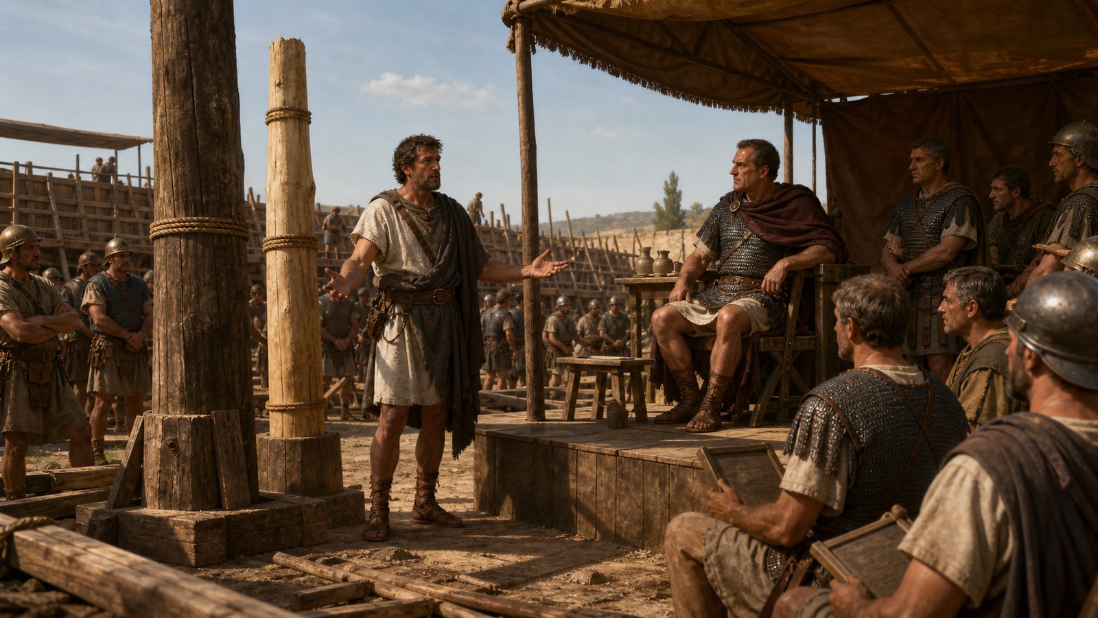 The engineer explains his substitution before a stern Roman command group in the siege timber yard, turning two unequal beams into a dispute between useful expertise and binding authority.