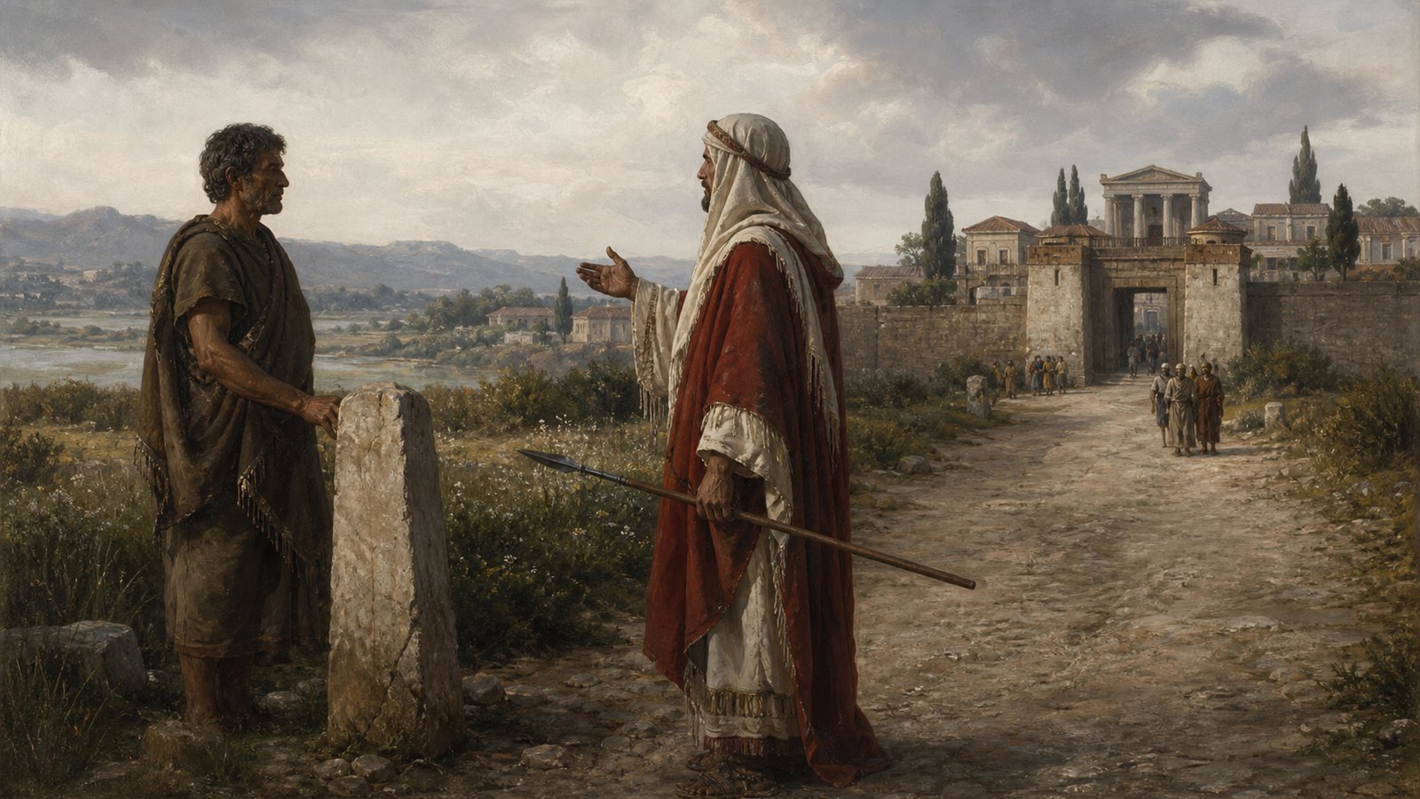 A wool-covered fetial envoy repeats Rome's demand at a foreign boundary before calling witnesses and advancing toward the city gate.