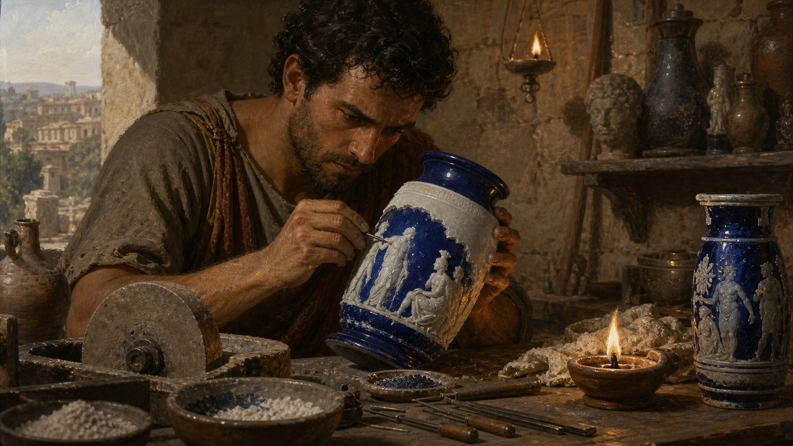 Opaque white cameo relief rises from the Portland Vase's dark cobalt-blue glass body.
