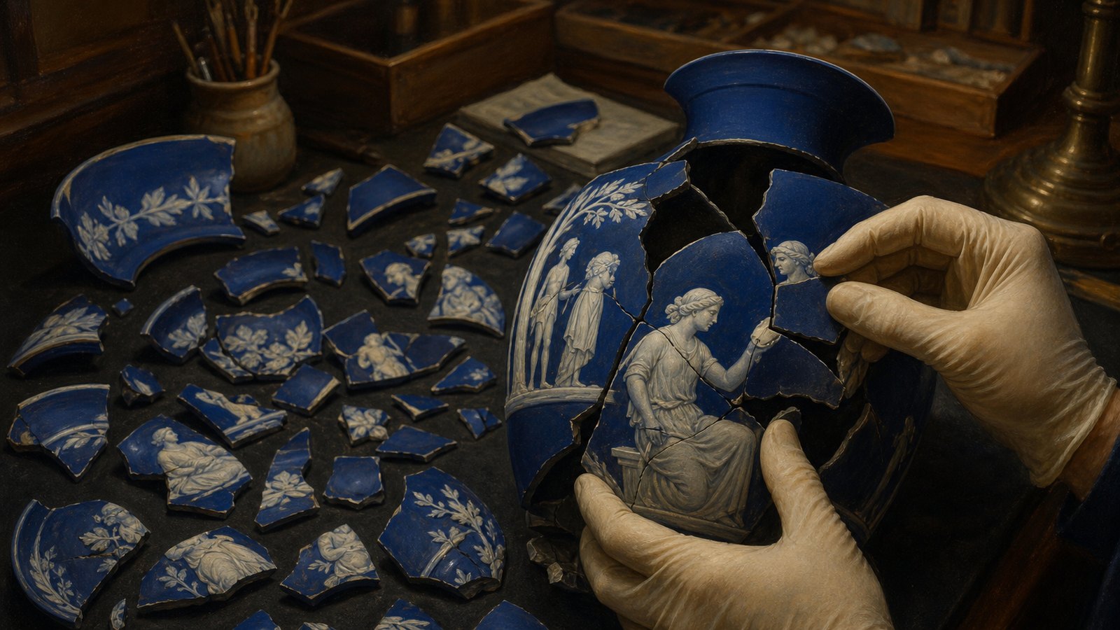 After the 1845 shattering, each curved fragment had to recover its place across figures, plants and the blue ground.