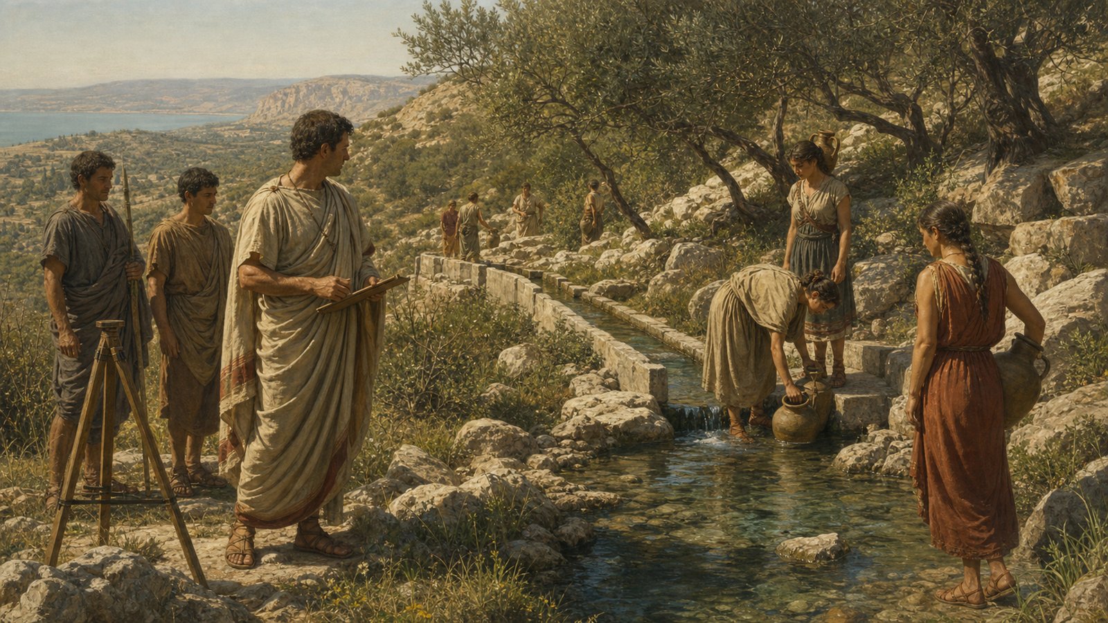 At a clear hillside spring, a Roman architect and assistants observe the sturdy legs and healthy complexions of local residents while collecting water in plain ceramic jars, an evidence-gathering scene without medical theatrics or writing.