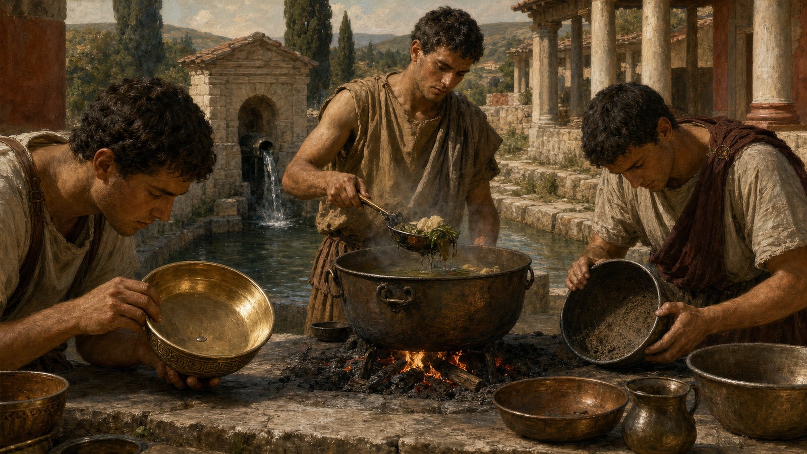 On a stone worktable, one assistant watches a drop dry on a polished brass bowl while another lifts vegetables from a bronze cauldron and checks the bottom for sand or clay residue, no text or modern laboratory equipment.