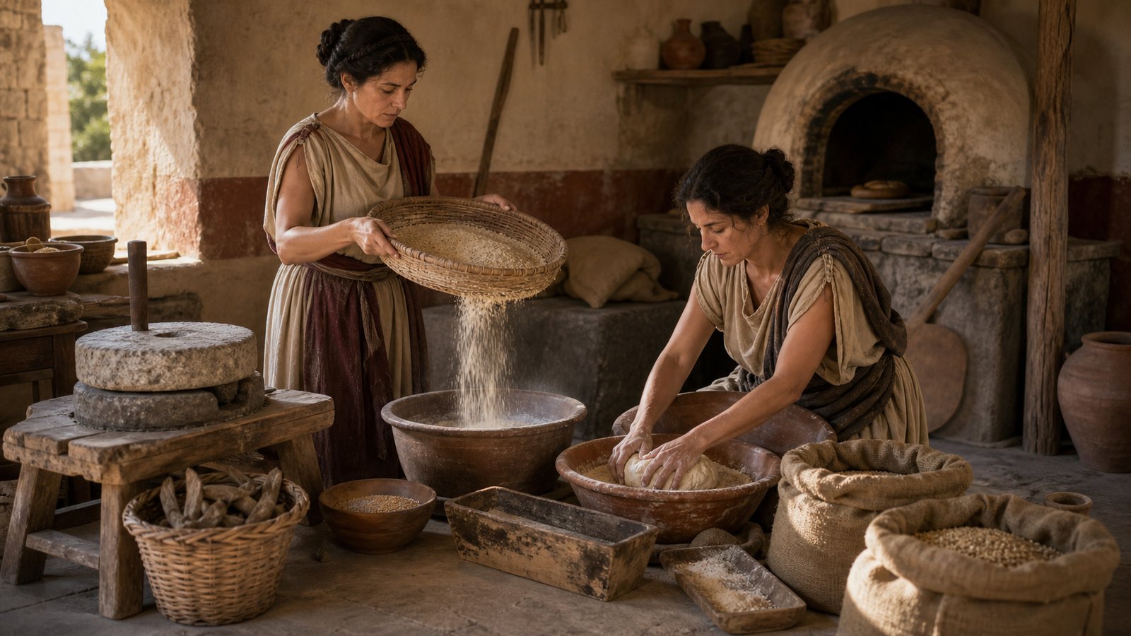 A Roman household grinds spelt and shapes loaves around a low stone mill before professional bakeries.