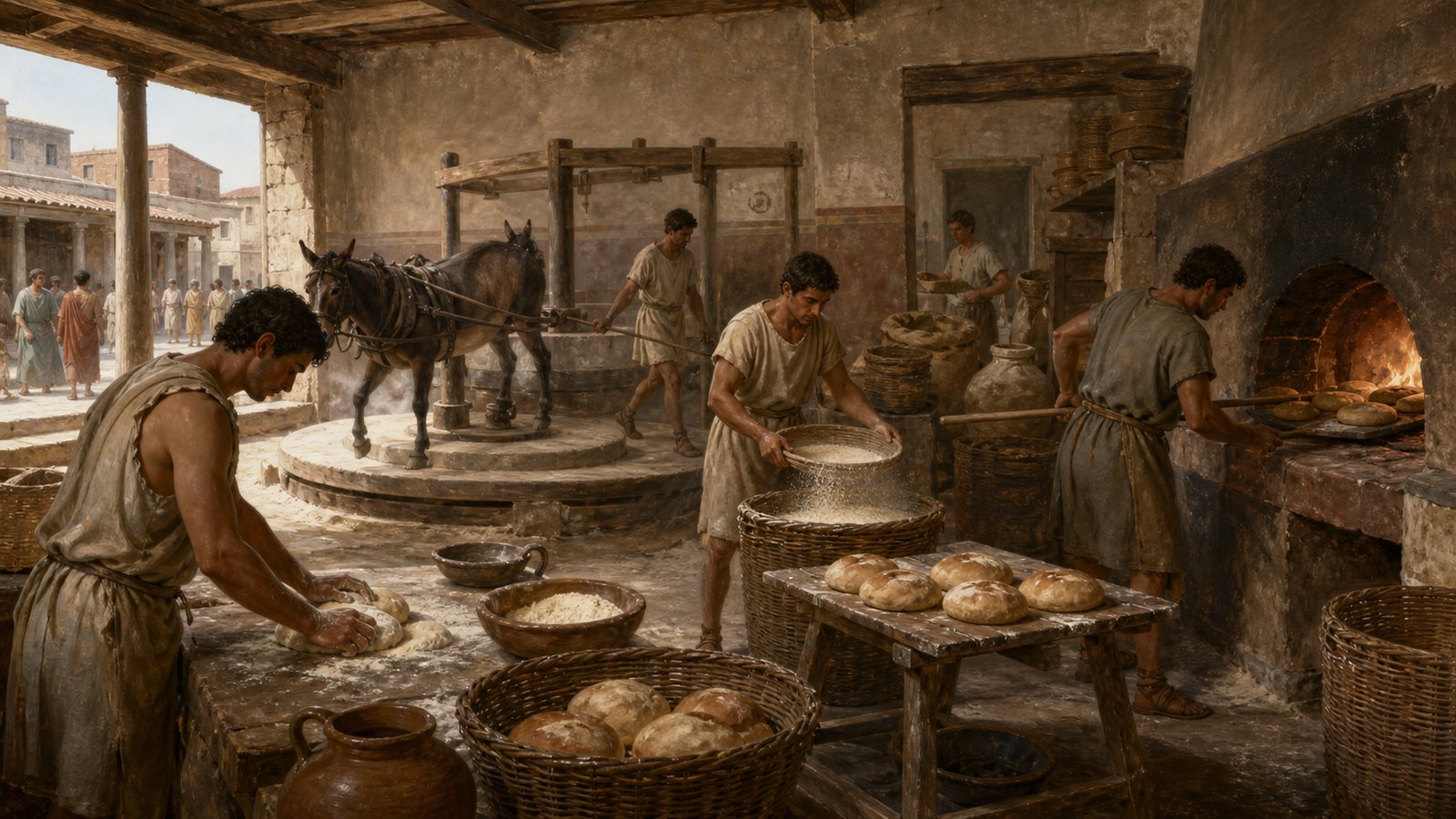A busy late-Republican bakery separates grinding, sifting, kneading, and oven work into an urban trade.