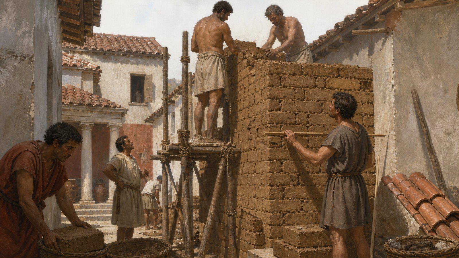 Roman assessors inspect a weathered sun-dried brick house wall beneath deep roof eaves, comparing exposed lower courses with protected masonry.