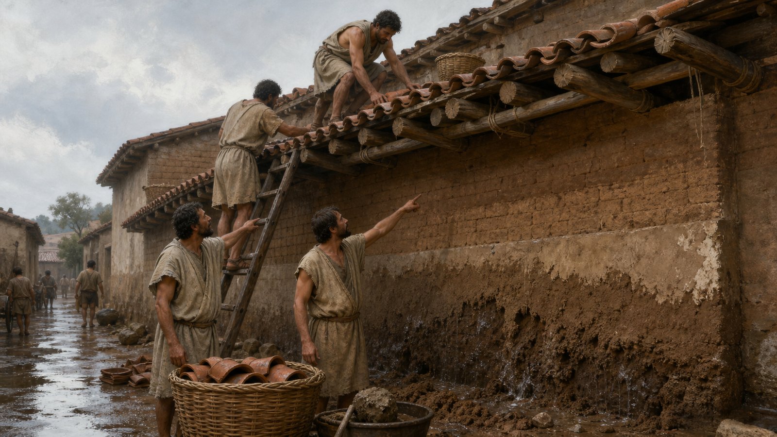 Builders lay a narrow urban party wall of sun-dried brick while a surveyor checks its thickness between two closely spaced houses.