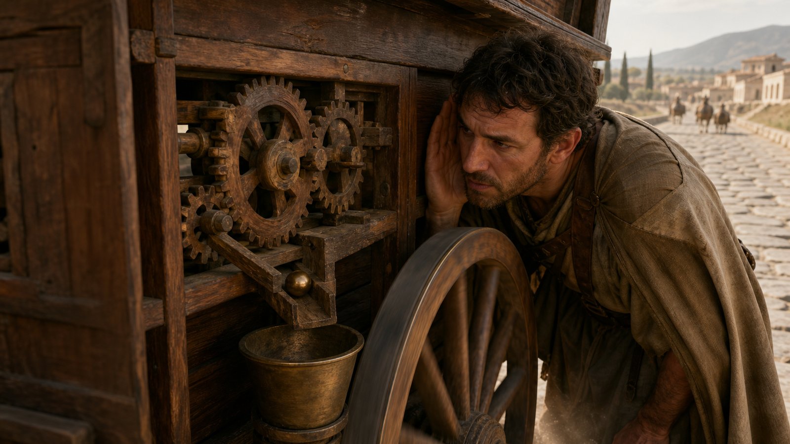 A wide cutaway-style but fully realistic Roman travel scene: a sturdy four-wheeled chariot stopped beside a stone road while two adult mechanics inspect an open plain wooden gear box mounted near the inner wheel hub, showing large wooden toothed wheels and a small bronze bowl holding several smooth blank bronze balls; horses wait calmly, milestone shape in distance left completely blank, historically plausible materials, no text, numerals, symbols, inscriptions, labels, decorative marks, modern parts, or watermark.