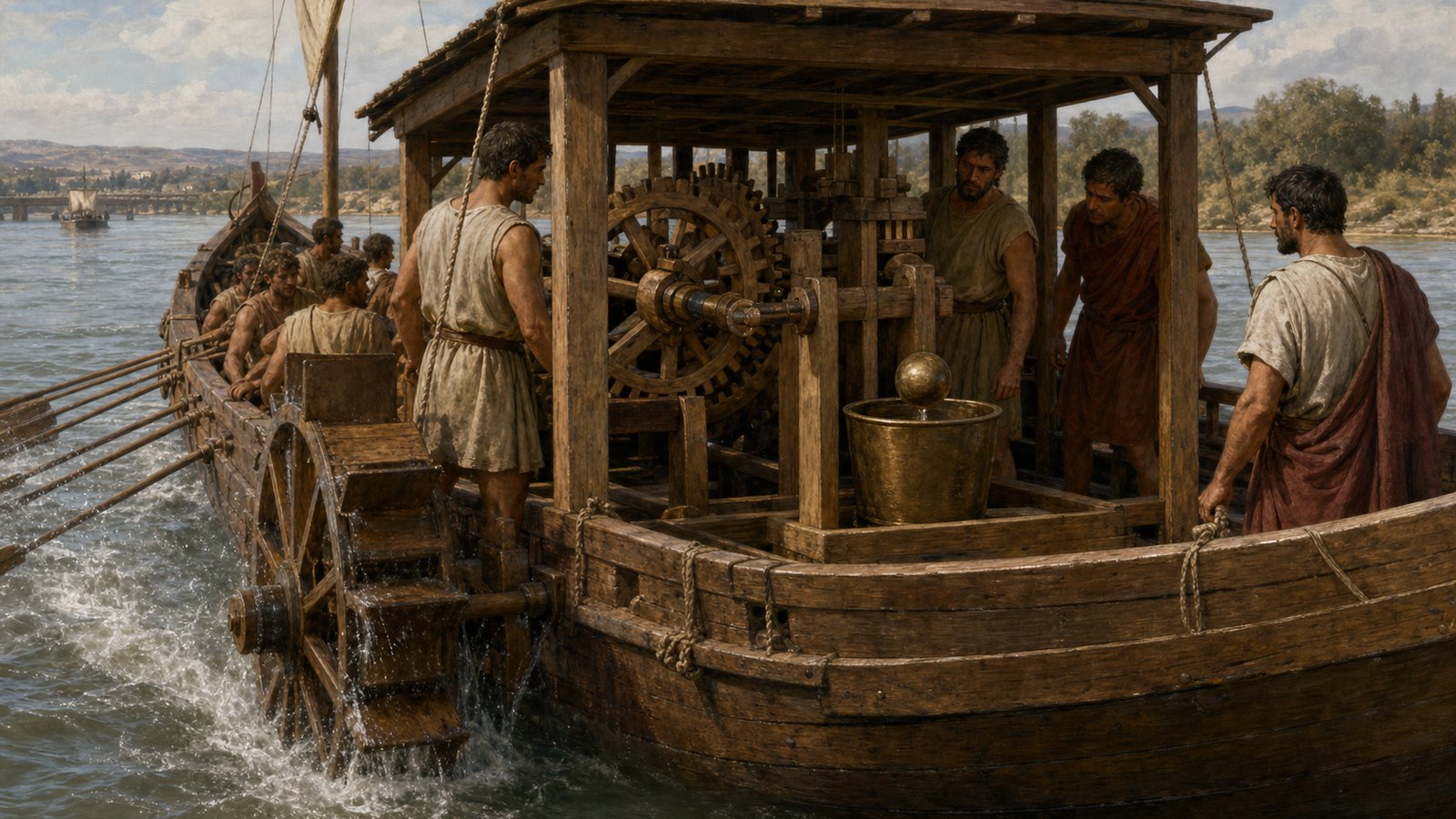 A wide interior detail of a Roman chariot mileage mechanism in motion: one large wooden road wheel turning beside a carefully built enclosed train of wooden toothed wheels, a single smooth bronze ball falling through a short channel toward a plain bronze vessel as a traveller listens, dusty paved road visible beyond, tactile wood and bronze craftsmanship, no text, numbers, letters, diagrams, pseudo-writing, modern gears, emblems, or watermark.