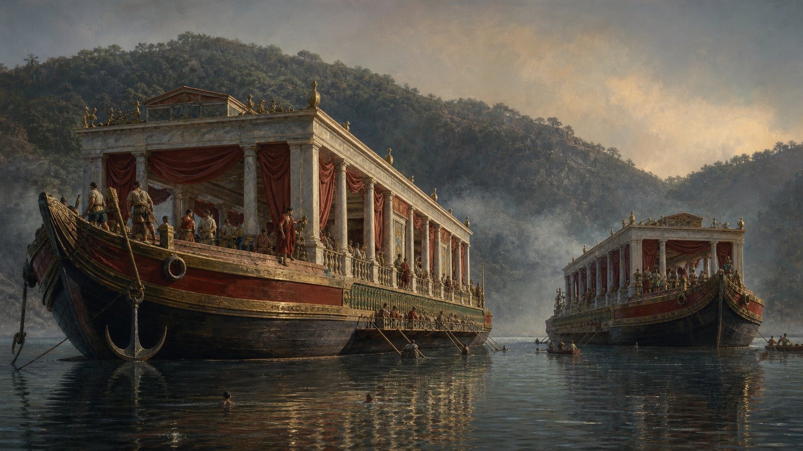 Caligula’s two enormous barges supported architecture on Lake Nemi rather than travelling an open commercial route.