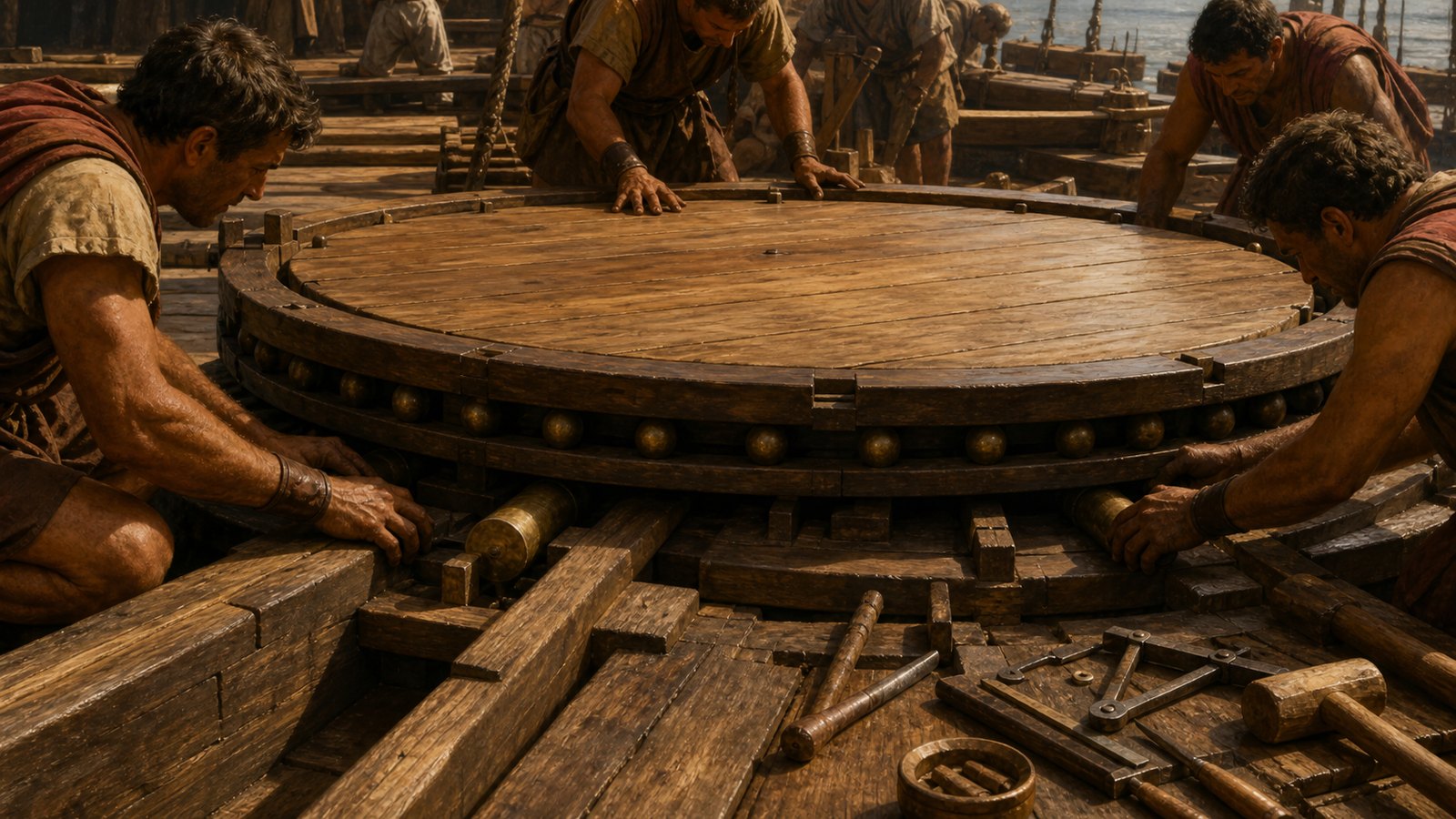 Bronze balls and rollers between circular wooden tracks reduced friction beneath a rotating platform.