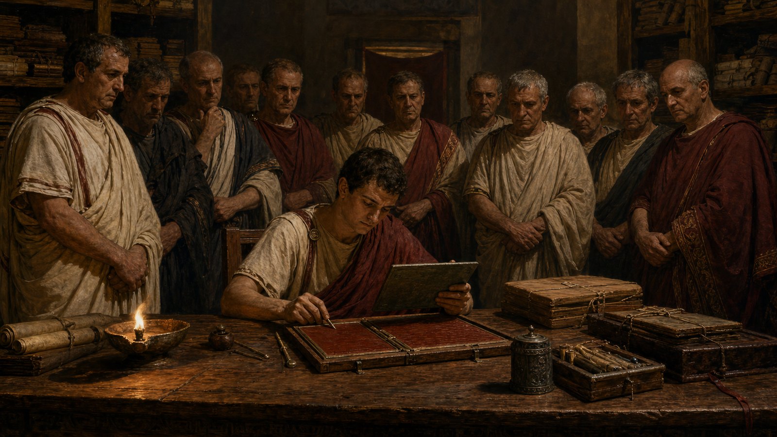 A clerk compares the provincial bronze copy with an official register while witnesses make the chain of authentication visible.