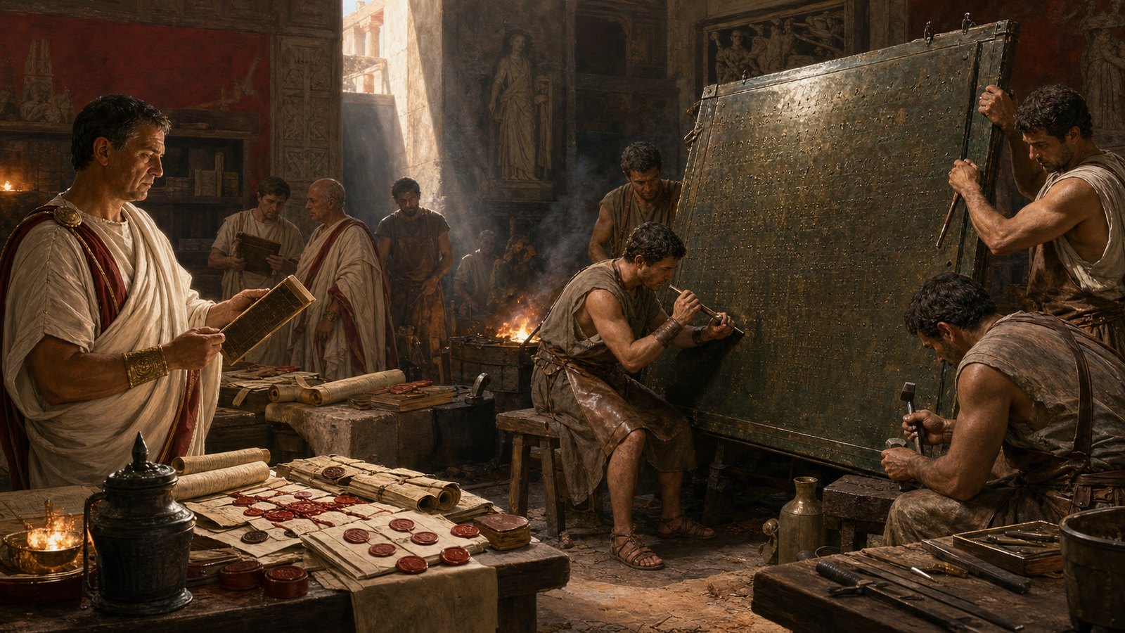 The surviving bronze law displayed in Rome as senators and clerks examine its dense lines after the civil wars of AD 69.