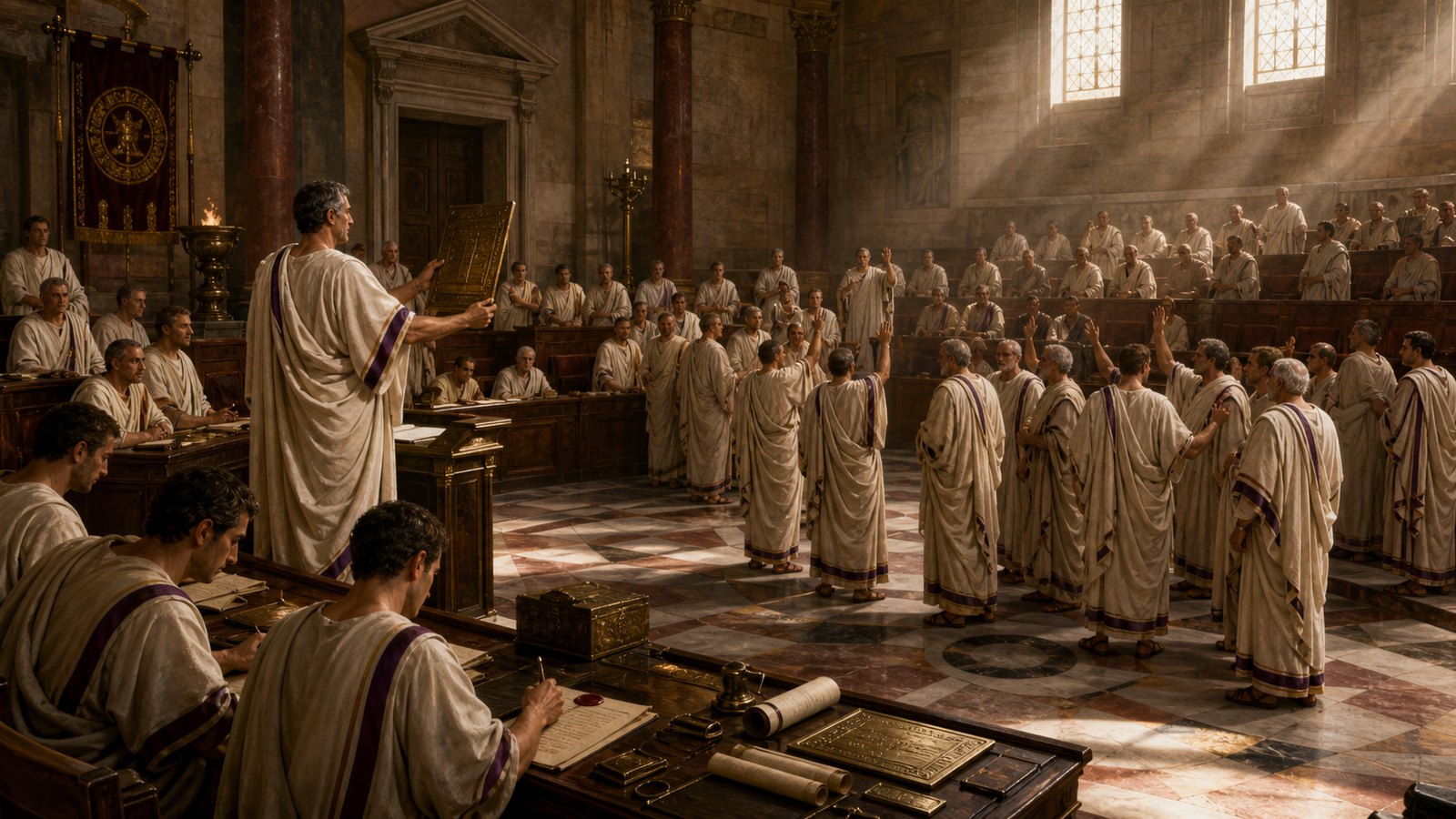 A Roman legal clerk records Vespasian’s earlier sealed orders beside a bronze tablet declaring them valid in retrospect.