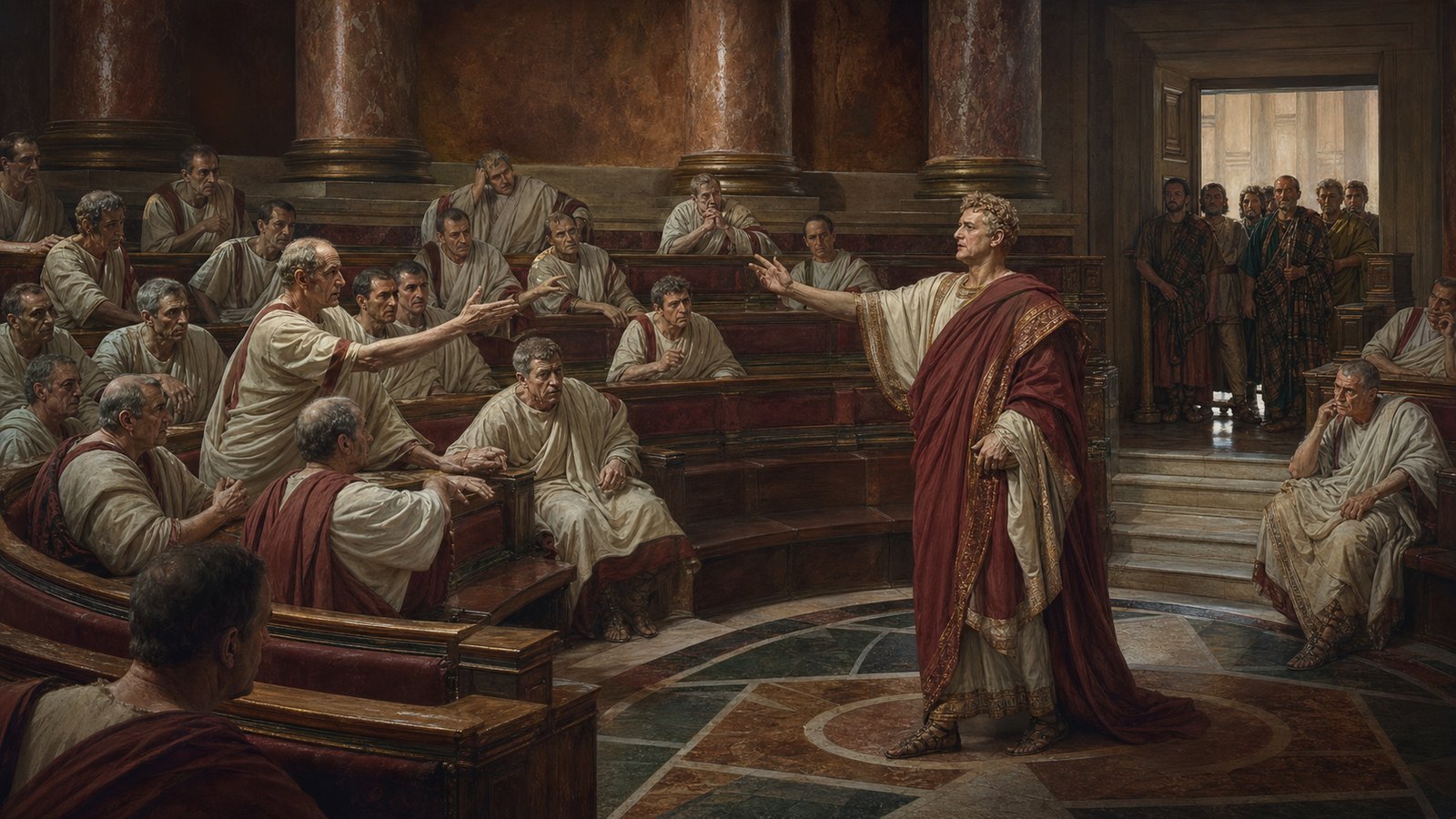 Claudius argues before a divided Senate in AD 48 while provincial delegates wait beyond the chamber’s central debate.