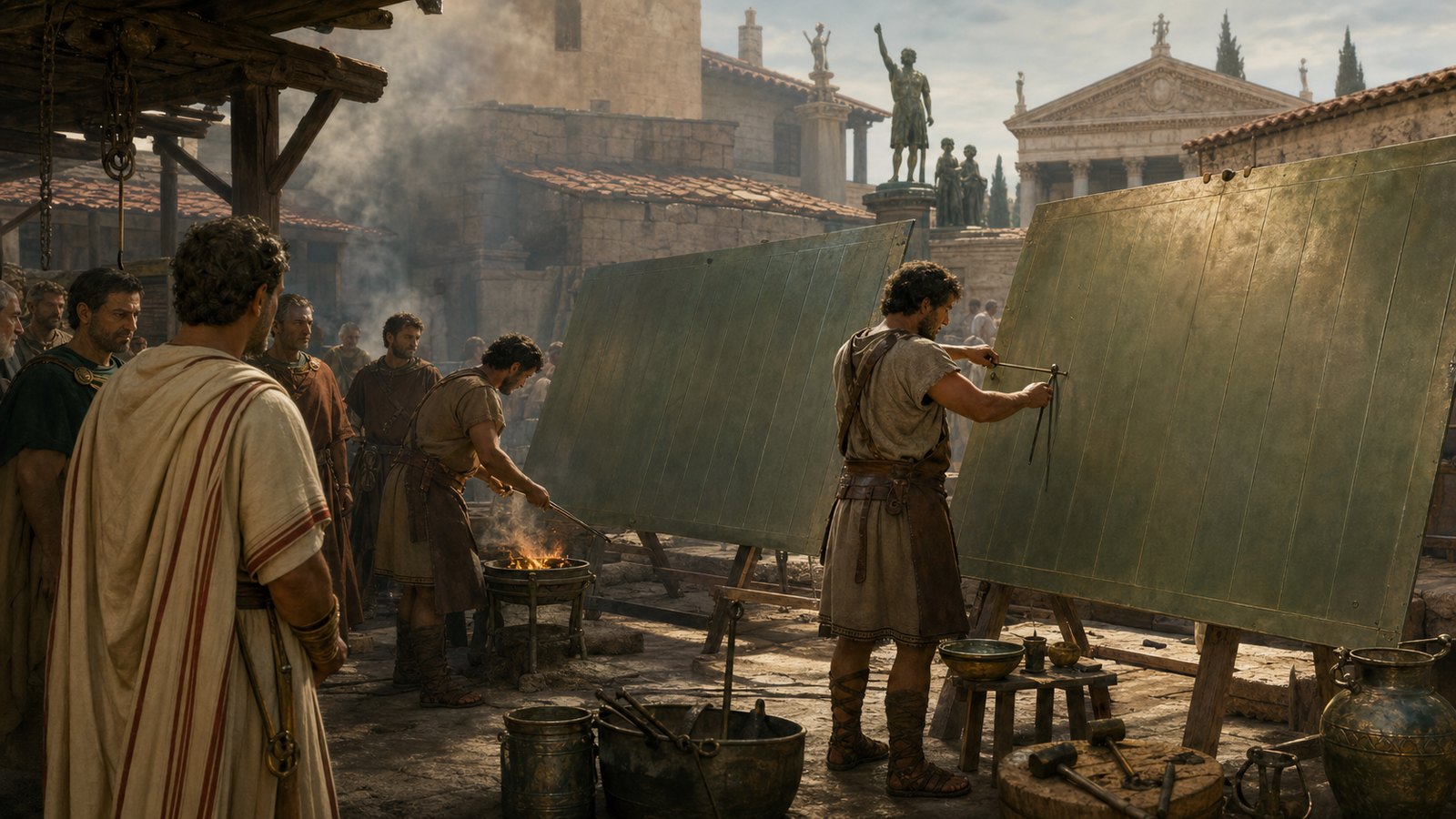 At Lugdunum, bronze workers prepare two monumental columns of the imperial speech for display near the Sanctuary of the Three Gauls.