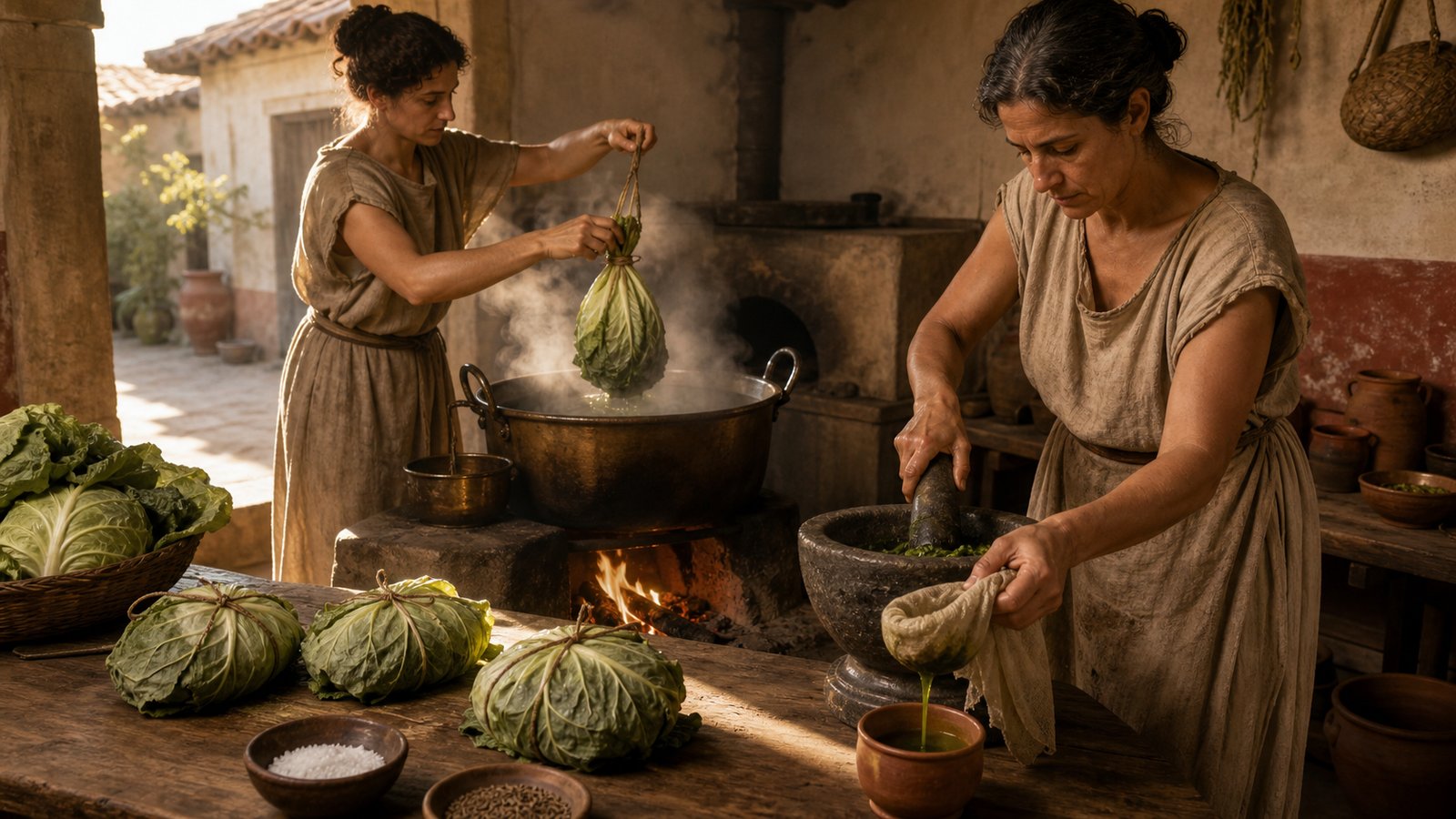A Roman farm household prepares Cato’s cabbage purge at dawn: three tied bundles of broad green leaves beside a steaming bronze pot, an earthen cup, linen straining cloth, tiny mound of salt and cumin; precise kitchen work, no text, letters, emblems or modern objects.