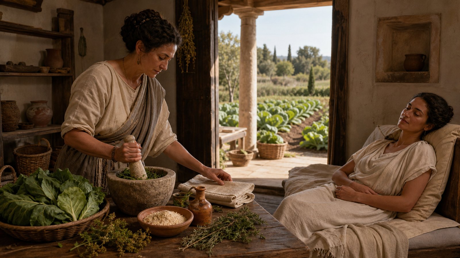 In a sunlit Roman kitchen garden and treatment room, a caregiver crushes fresh cabbage in a stone mortar while a washed cloth poultice, barley flour, vinegar, rue and coriander are arranged nearby; practical household medicine without graphic injury, no text or modern objects.
