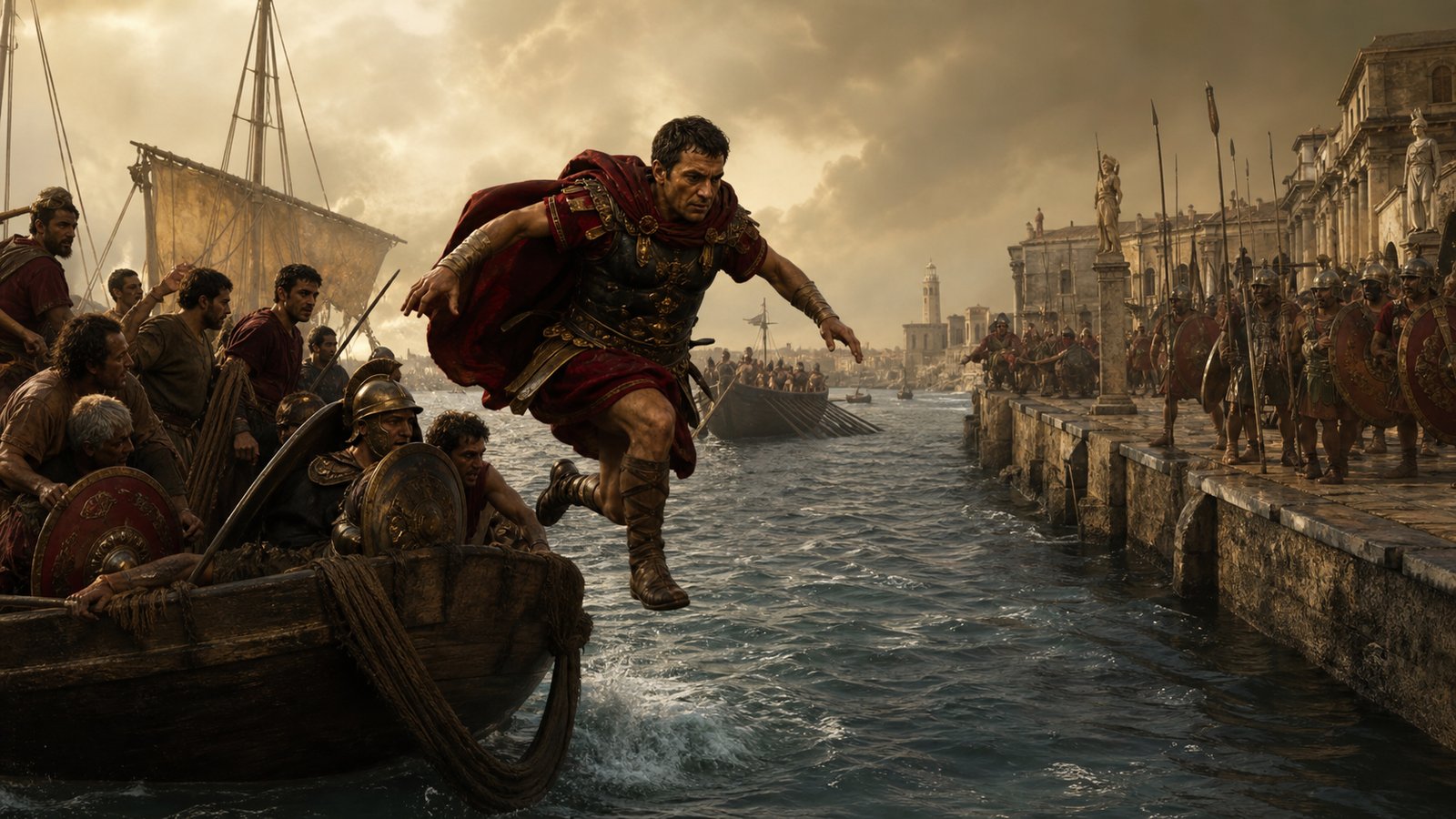 Caesar left an overloaded boat and swam toward the next ship while the Alexandrian bridge fight continued behind him.