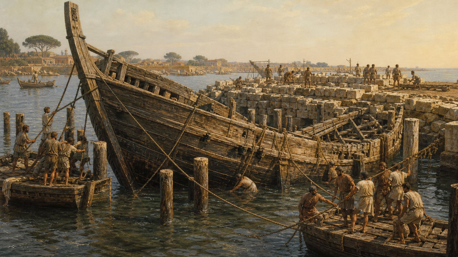 Suetonius says Claudius deliberately sank the ship that had carried a great Egyptian obelisk, then secured it with piles to strengthen the harbour mole.