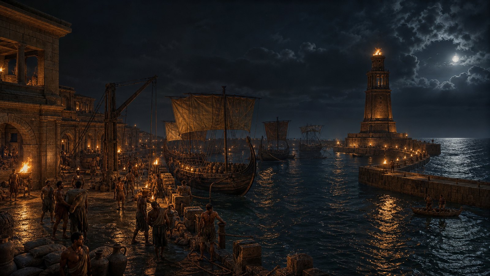 The tower above the mole was modeled on Alexandria’s Pharos and lit at night, while the surrounding breakwaters sheltered the route into Rome’s supply system.