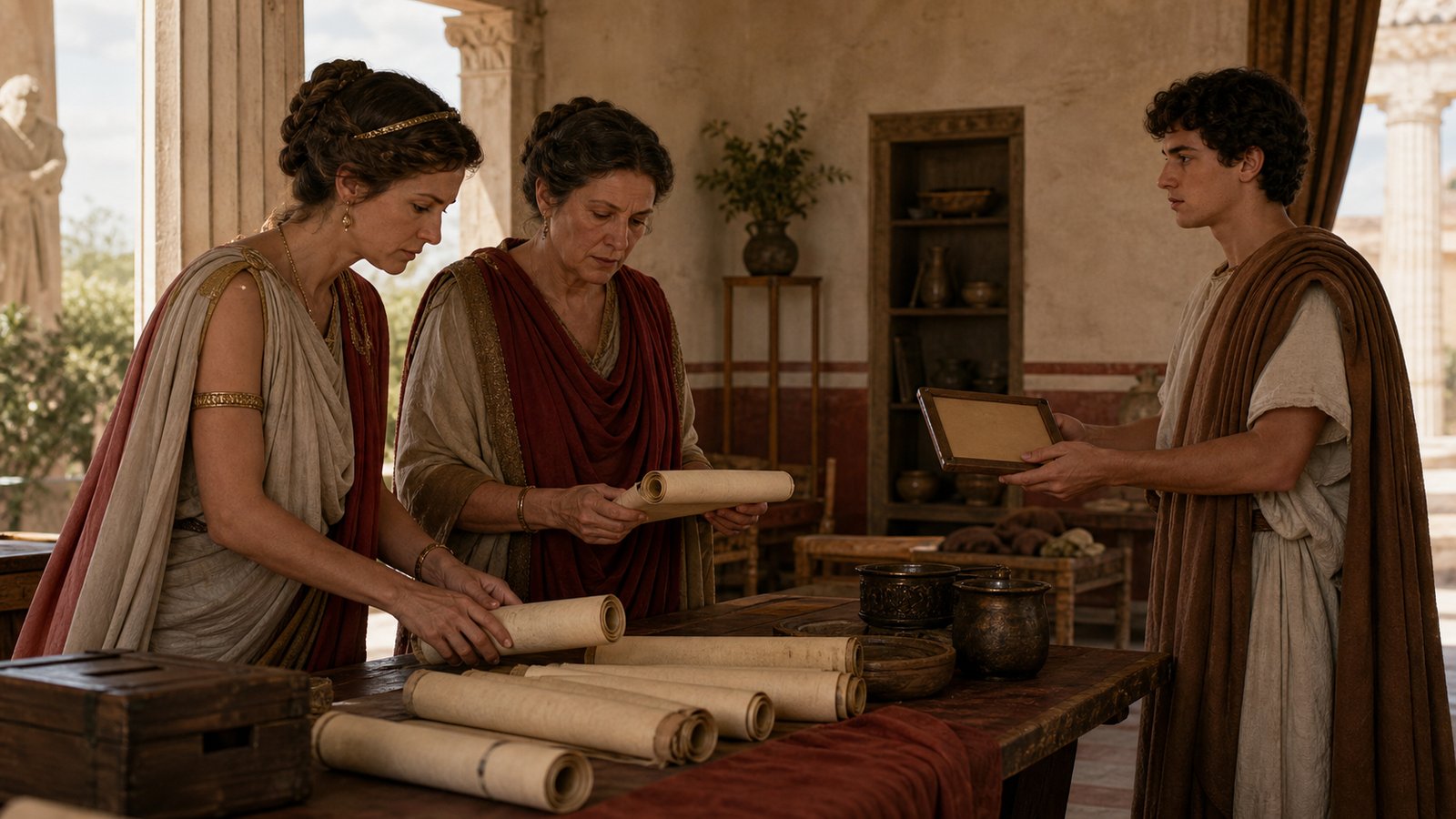 A vertical cinematic Roman literary recitation in an elegant but restrained house: a young Roman woman in historically plausible dress sits attentively behind a translucent plain curtain at the side of a crowded room, listening as an unrecognizable male author reads from a scroll, warm lamplight, no readable text, no inscriptions, no watermark.
