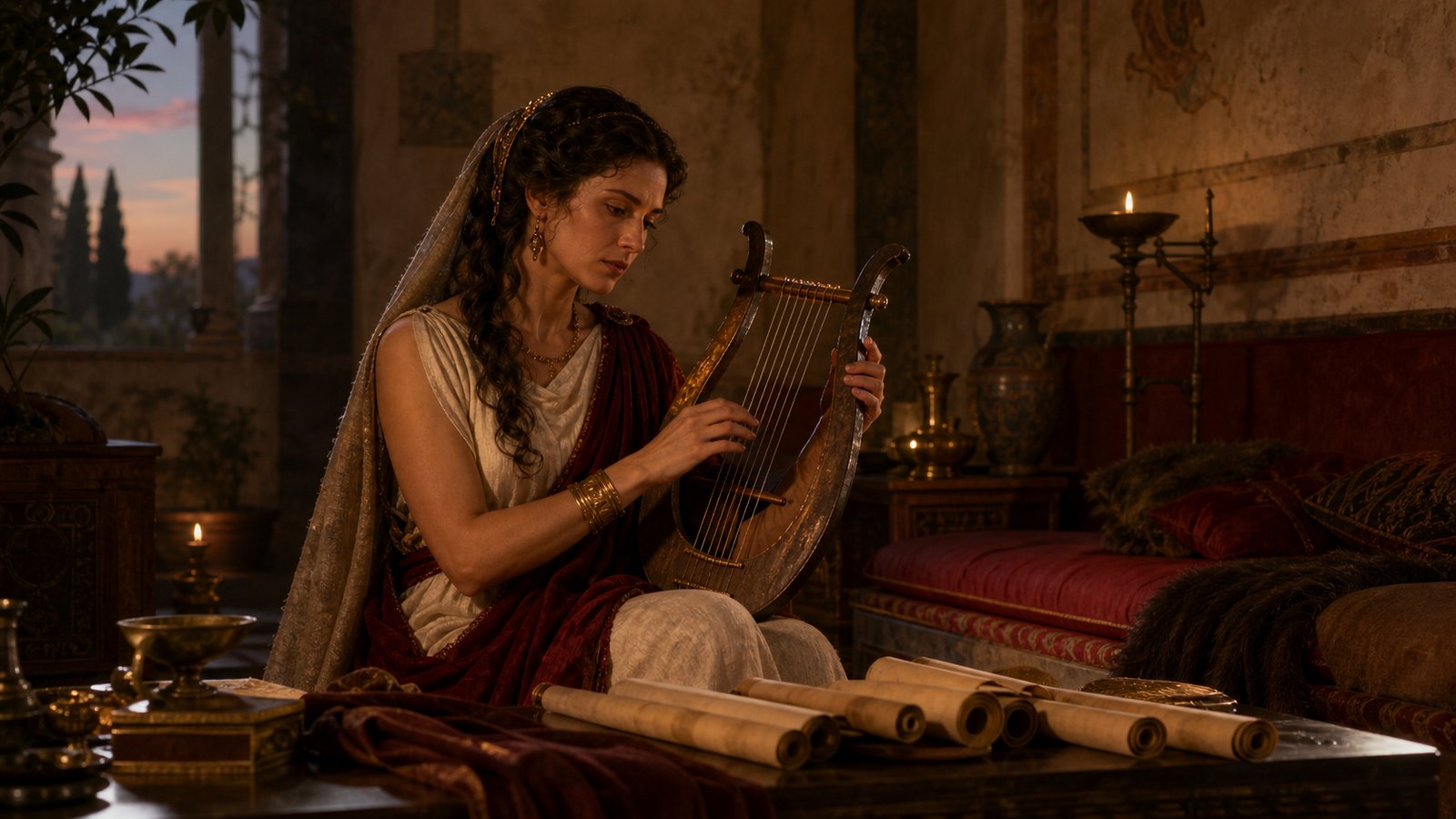 A wide horizontal cinematic Roman household study: Calpurnia and her aunt Calpurnia Hispulla sort several plain papyrus rolls on a table while a household messenger arrives from court, wax tablets present but blank and unreadable, atmosphere of focused information gathering rather than luxury, no text, no watermark.