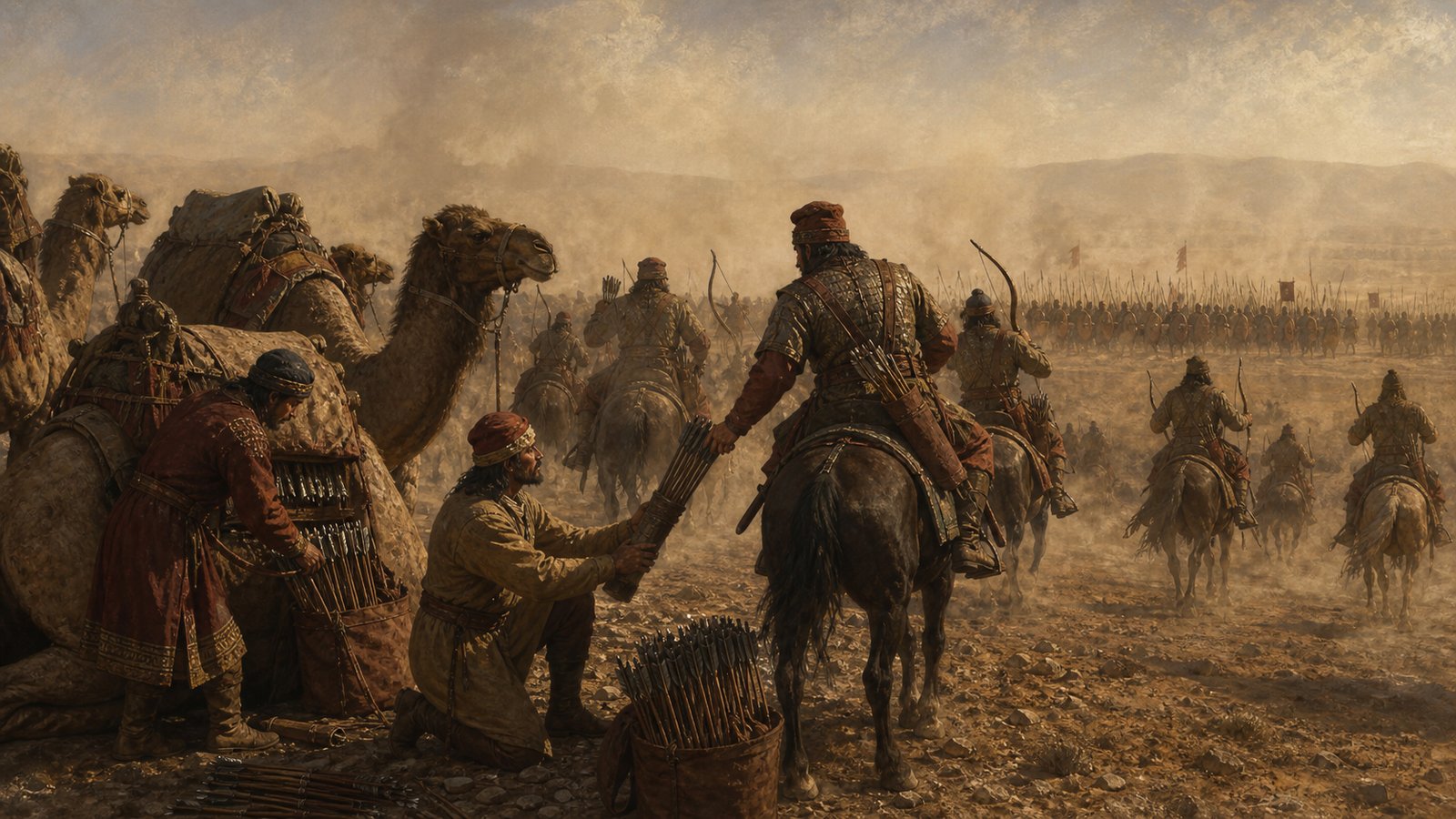 Behind the circling horse archers, loaded camels made ammunition a moving reserve rather than a fixed pile at the edge of the field.