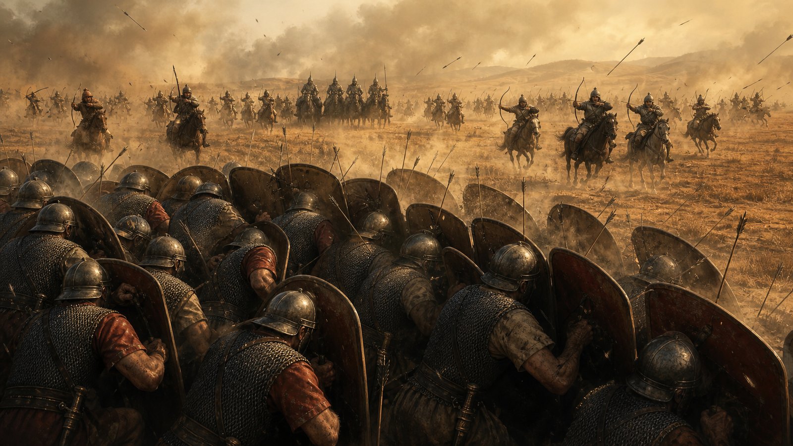 Roman shields could form a dense refuge, but density also gave mounted archers a target that could be held under pressure without accepting close combat.