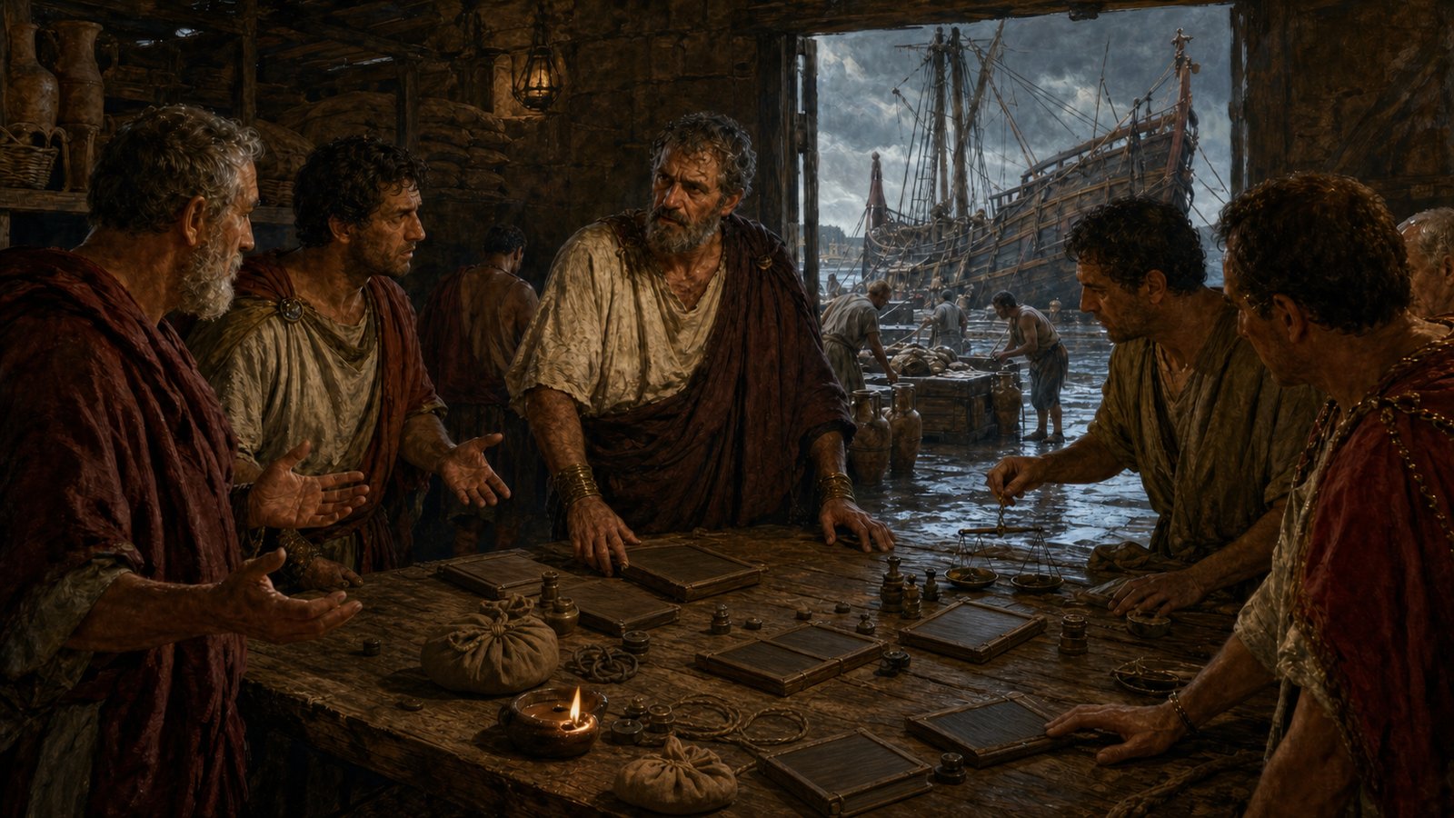 After the storm, Roman contract actions and proportional valuations carried the jettison loss from the merchant to the shipmaster and the owners of saved cargo.